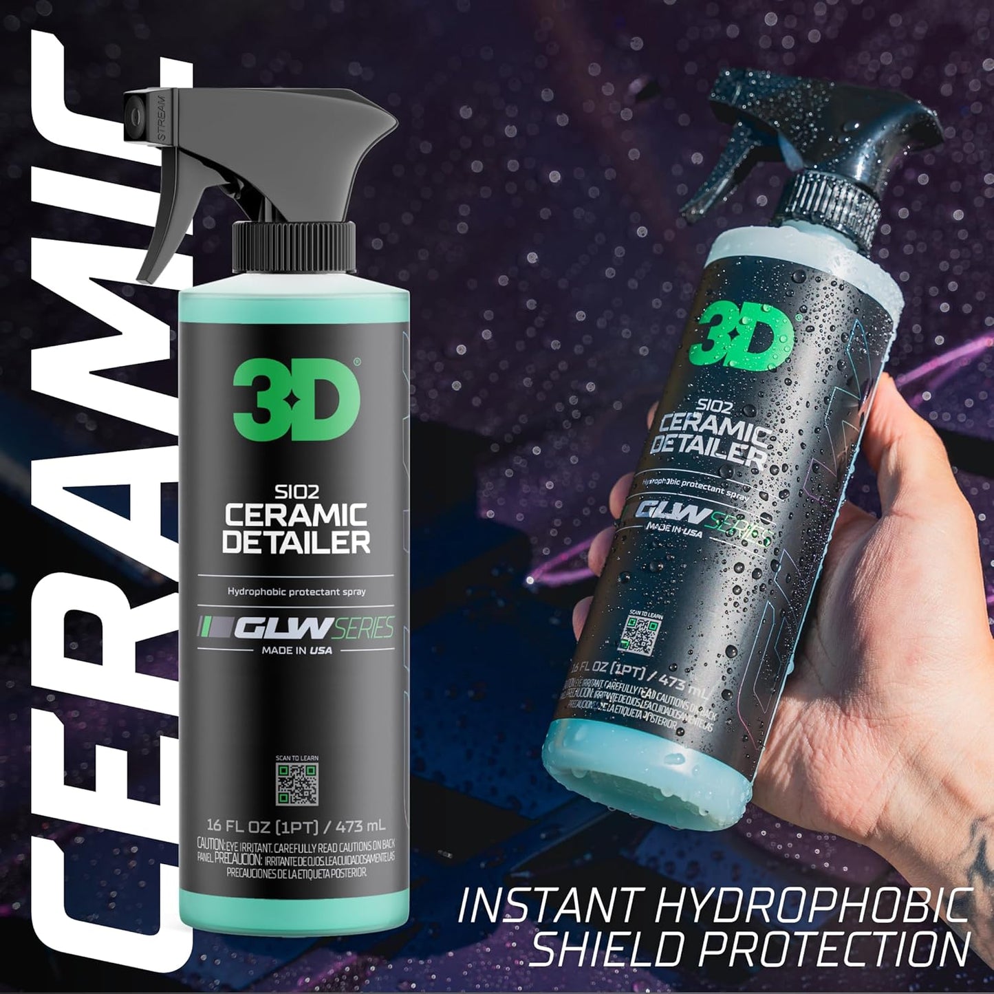 3D Ceramic Detailer, GLW Series | Hyper Gloss Finish | SiO2 Peak Hydrophobic Top Coat | Extends Life of Waxes, Sealants, Coatings | DIY Car Detailing Spray | 64 oz
