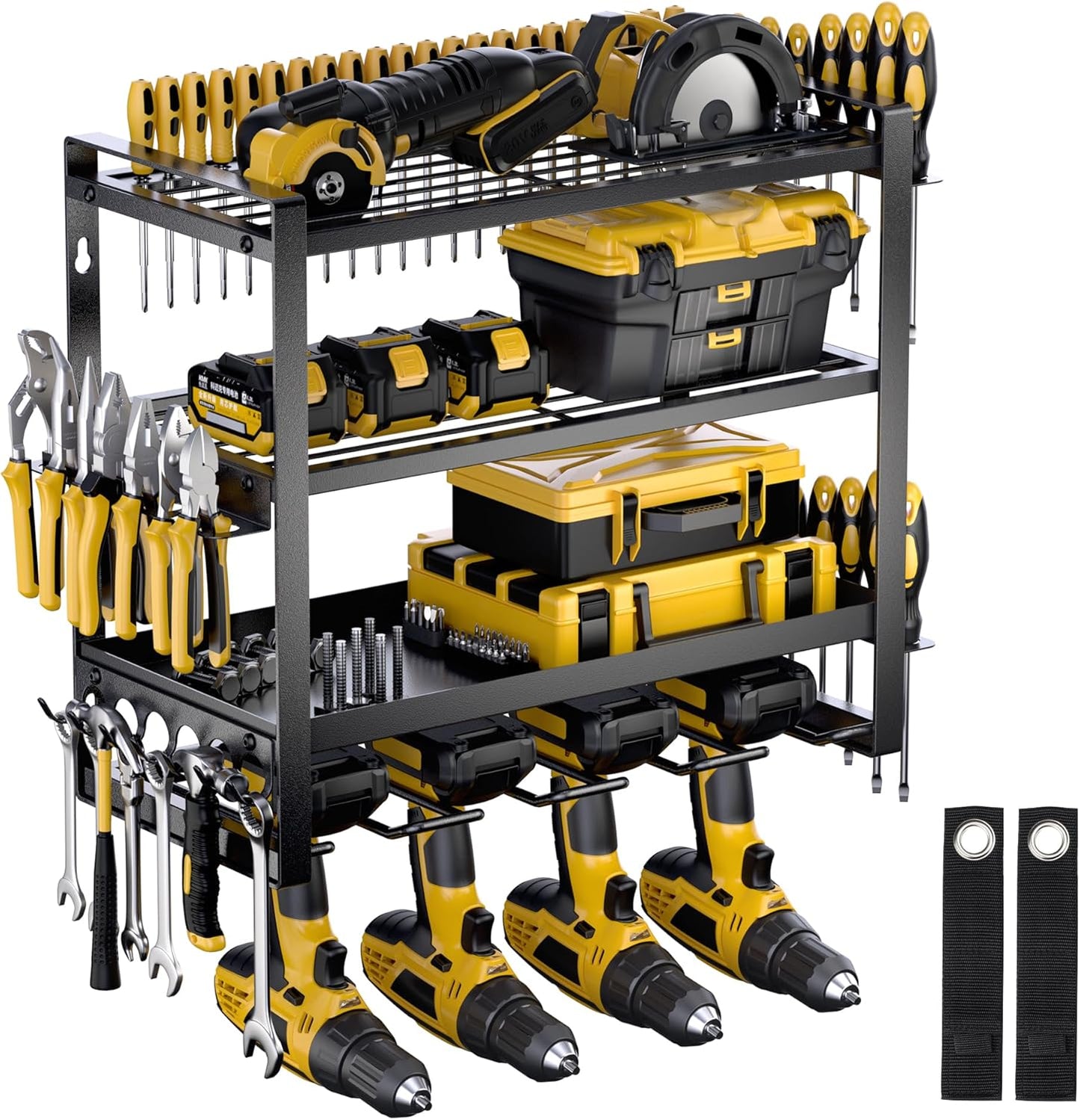 Power Tool Organizer Wall Mount, 4 Layer Drill Holder Wall Mount, Heavy Duty Metal Tool Shelf, Garage Tool Organizers and Storage Rack,Utility Storage Rack for Cordless Drill Charging Station-Black