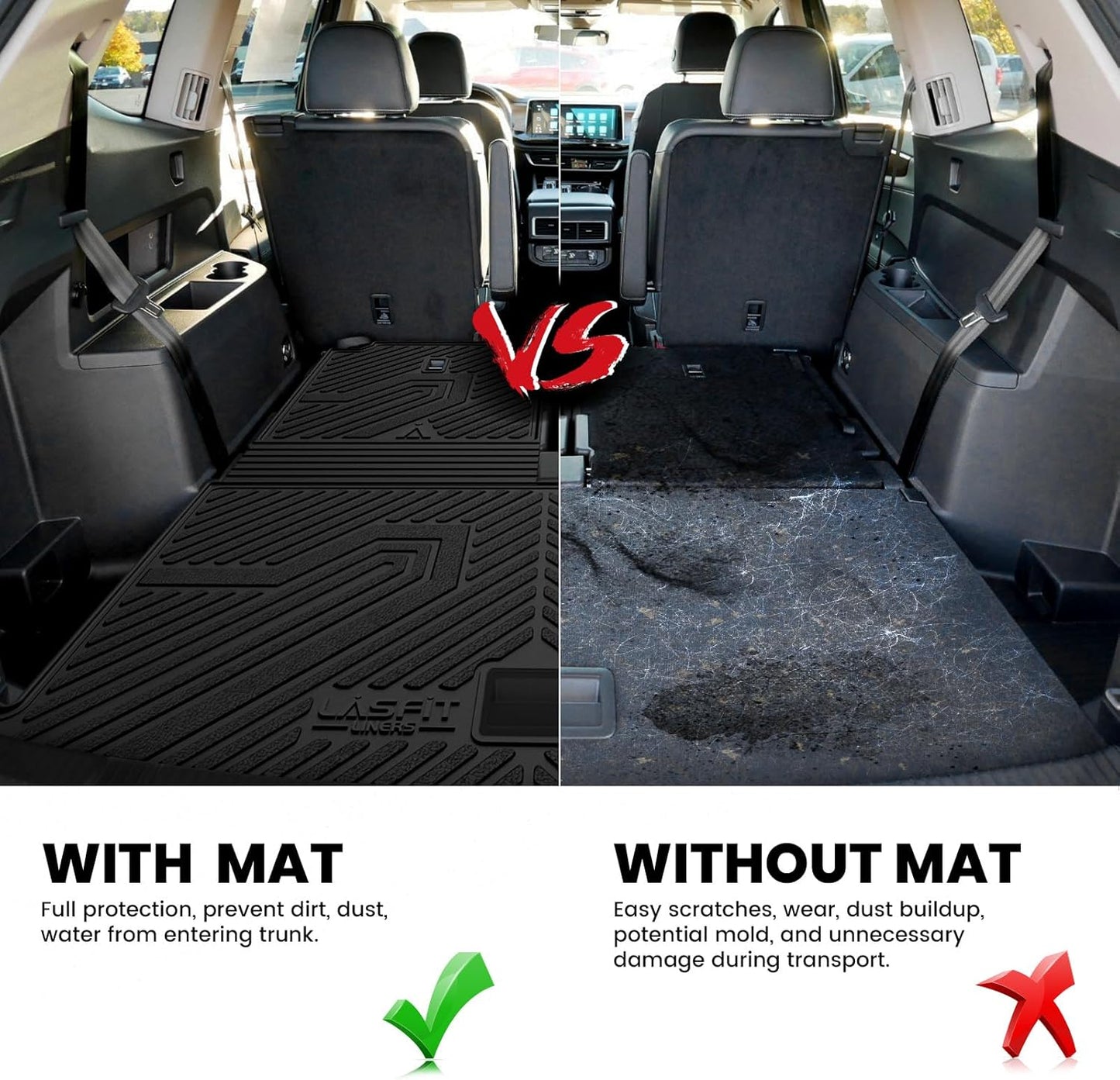 LASFIT Backrest Mat & Cargo Mat for Volkswagen VW Atlas 2025-2018, 2nd Row Bench seat, All Weather TPE Custom Fit Trunk Liners for VW Atlas Accessories Seatback Mats, Black, Easy to Clean