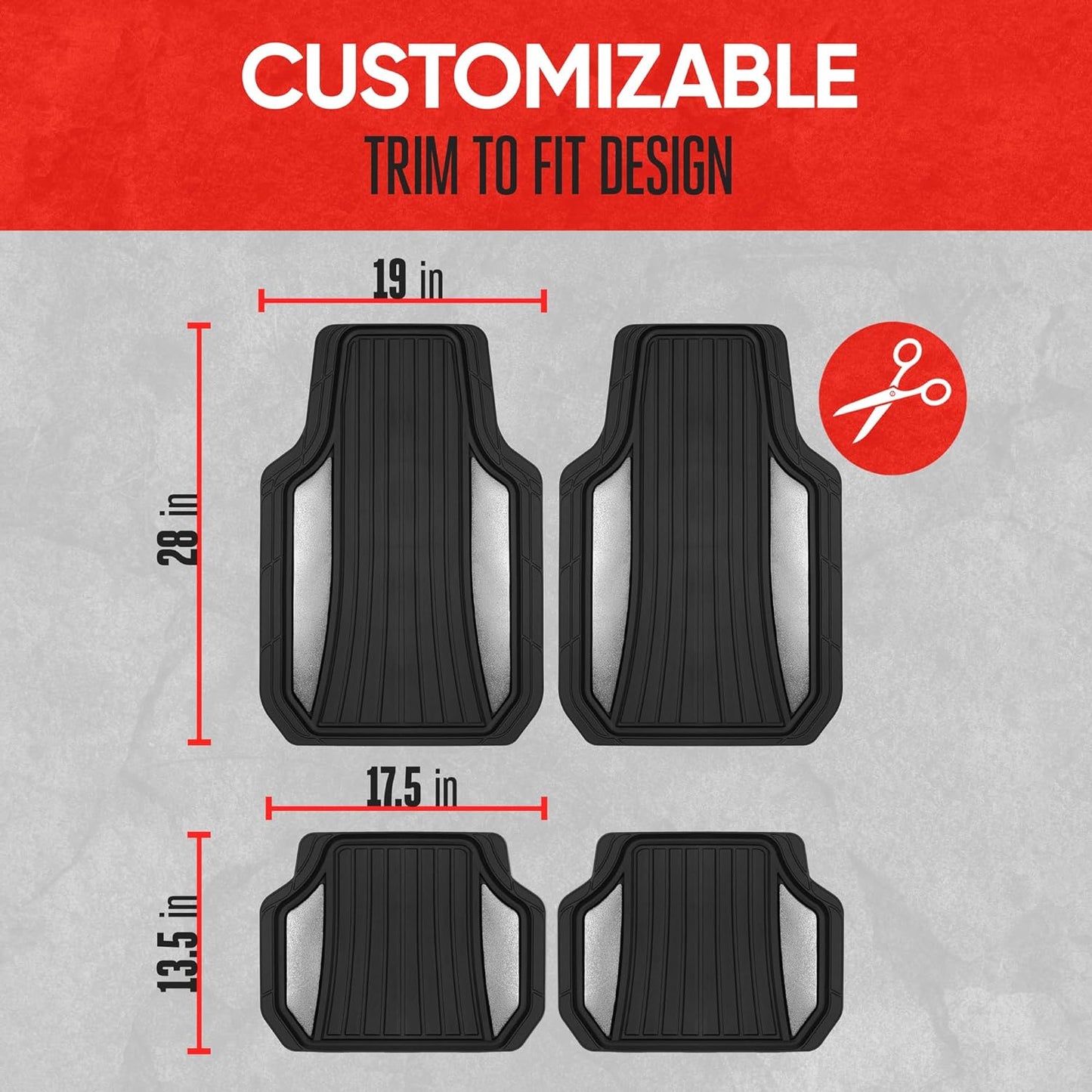 Motor Trend ChromeTech Car Floor Mats Full Set - Durable Rubber Floor Mats for Cars with Two Tone Accent, All Weather Interior Protection for Front and Rear with Non-Slip Backing, Silver Chrome