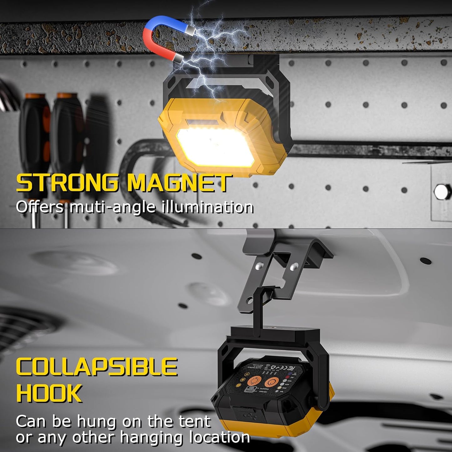 LED Work Light, 1500LM Magnetic Work Light with 360°Rotating Magnetic Stand & 15 Modes, 4000mAh Rechargeable Mechanic Light with Hook for Emergency Car Repairing, Father's Day Gift