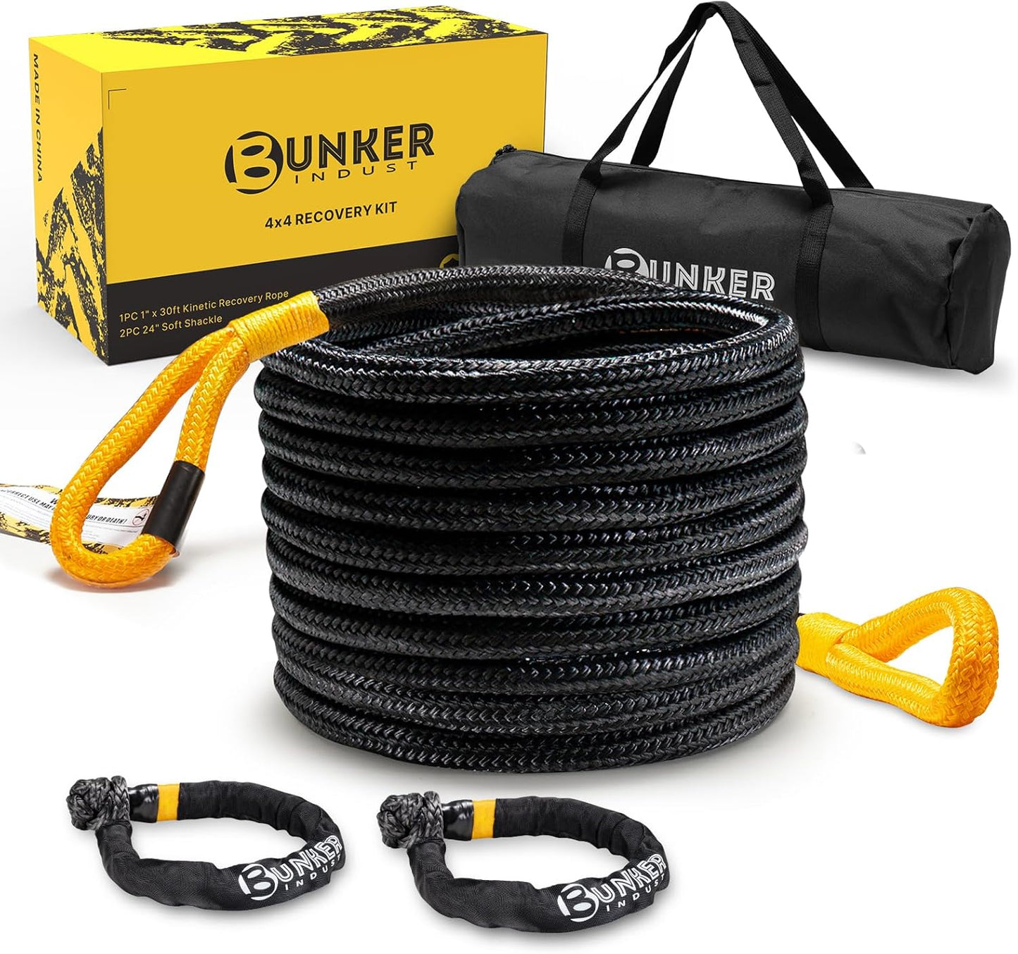 BUNKER INDUST 1"×30ft Kinetic Recovery Rope with 2 Soft Shackles Kit, Kinetic Recovery Tow Rope Snatch Strap Off Road Recovery Kit for UTV, ATV, Truck, Car, Jeep, Tractor