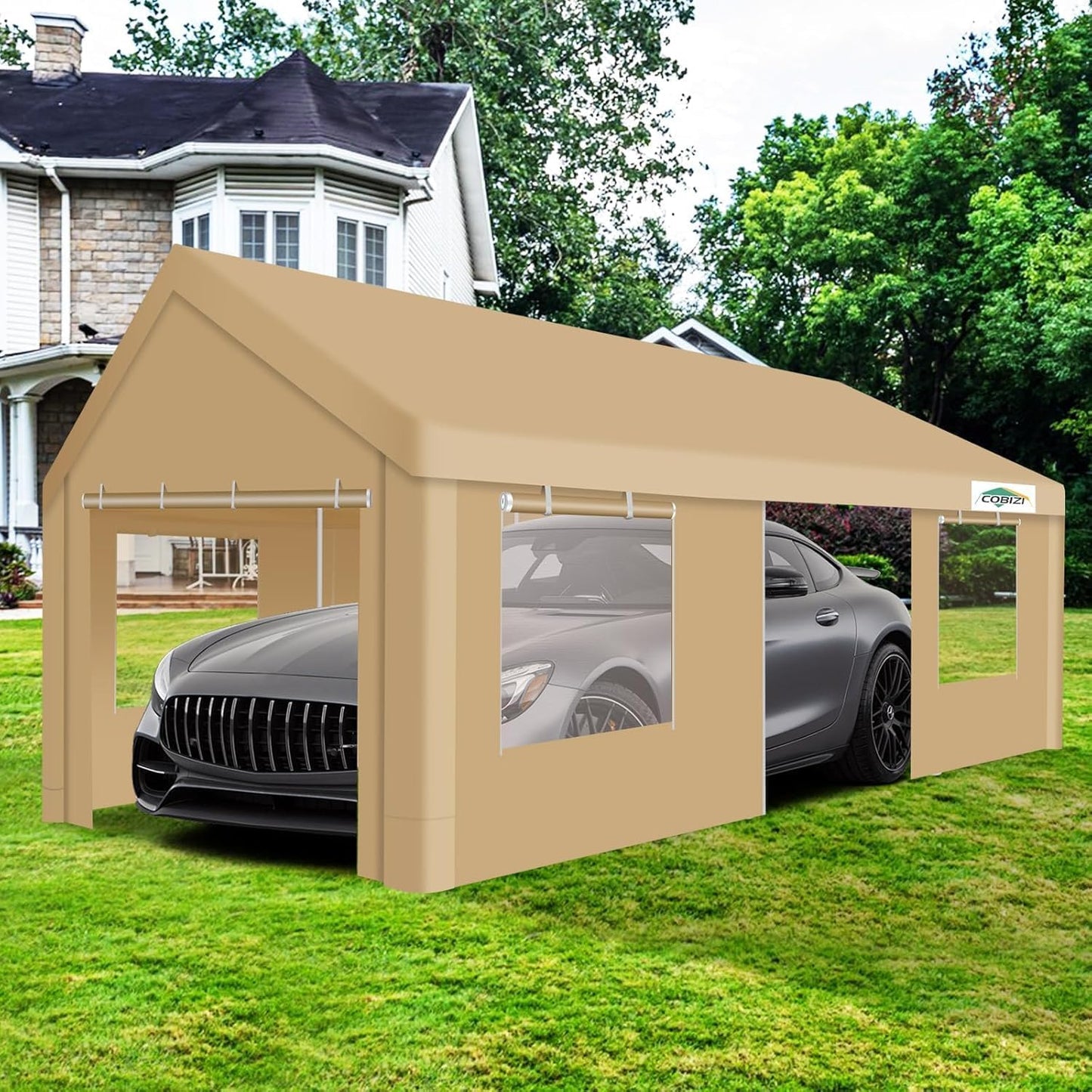 COBIZI Carport 12x20ft Heavy Duty Portable Garage, 2.0 Powder Coated Frame(Better Than Galvanized), Waterproof Shelter with Removable Sidewalls & Windows, Built-in Sandbags, for Car/Boat/SUV, Khaki