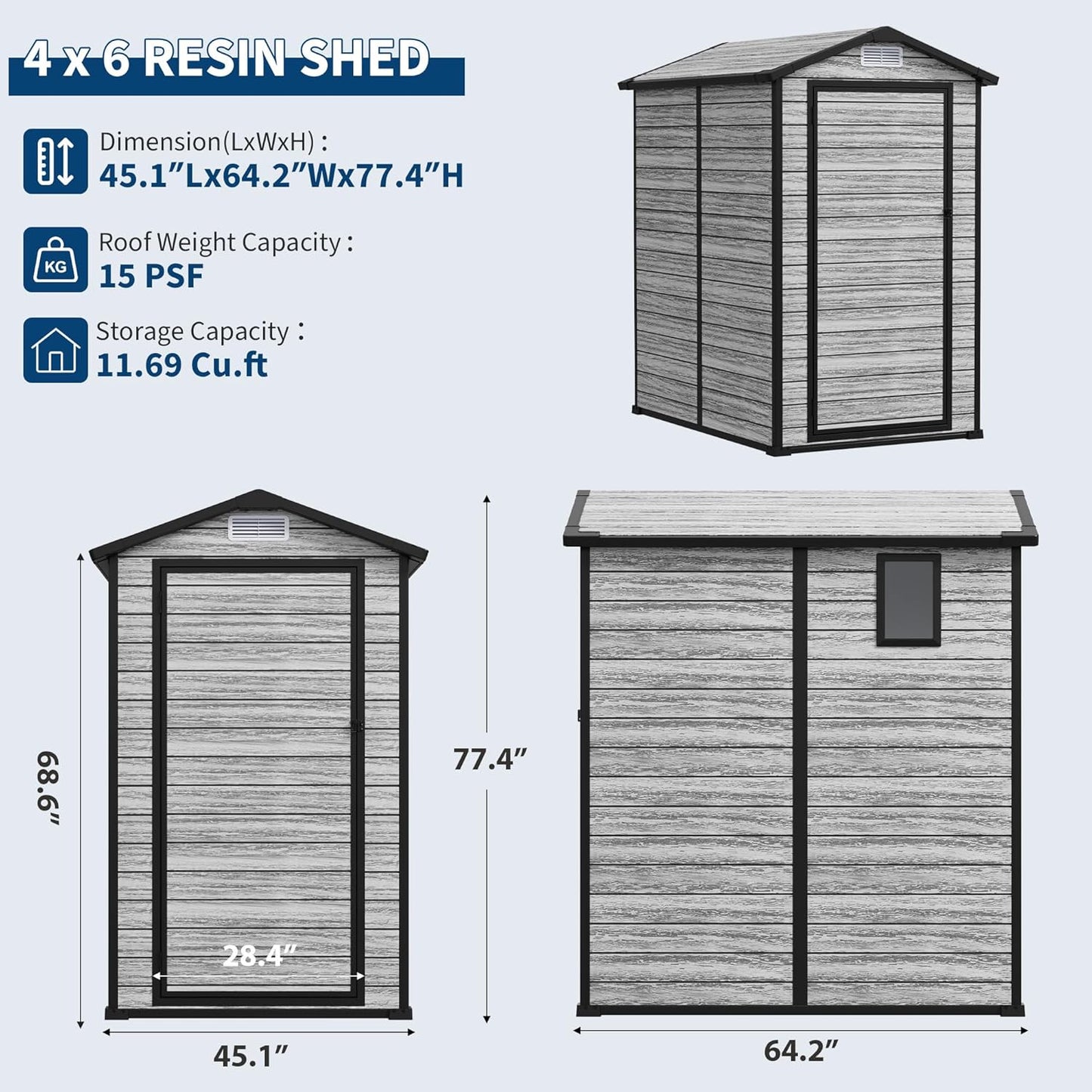 All-Weather Resin Shed with Window, Outdoor Plastic Garden Shed with Lockable Door and Vents, Outdoor Resin Storage Sheds for Tool, Bike, Backyard, Patio