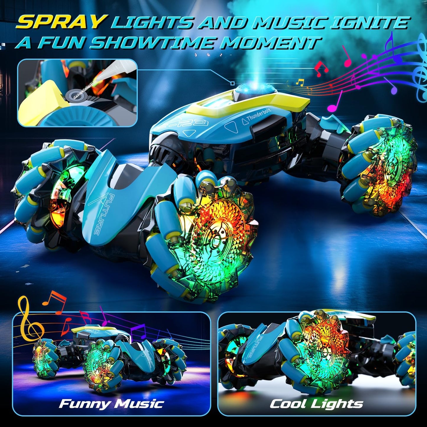 DEERC Gesture Sensing RC Stunt Car with Fog Mist & Music, 4WD Hand Controlled Remote Control Drift Car Toy for Kids, All Terrain Off-Road Double-Sided Driving with Lights, Birthday Gift for boy