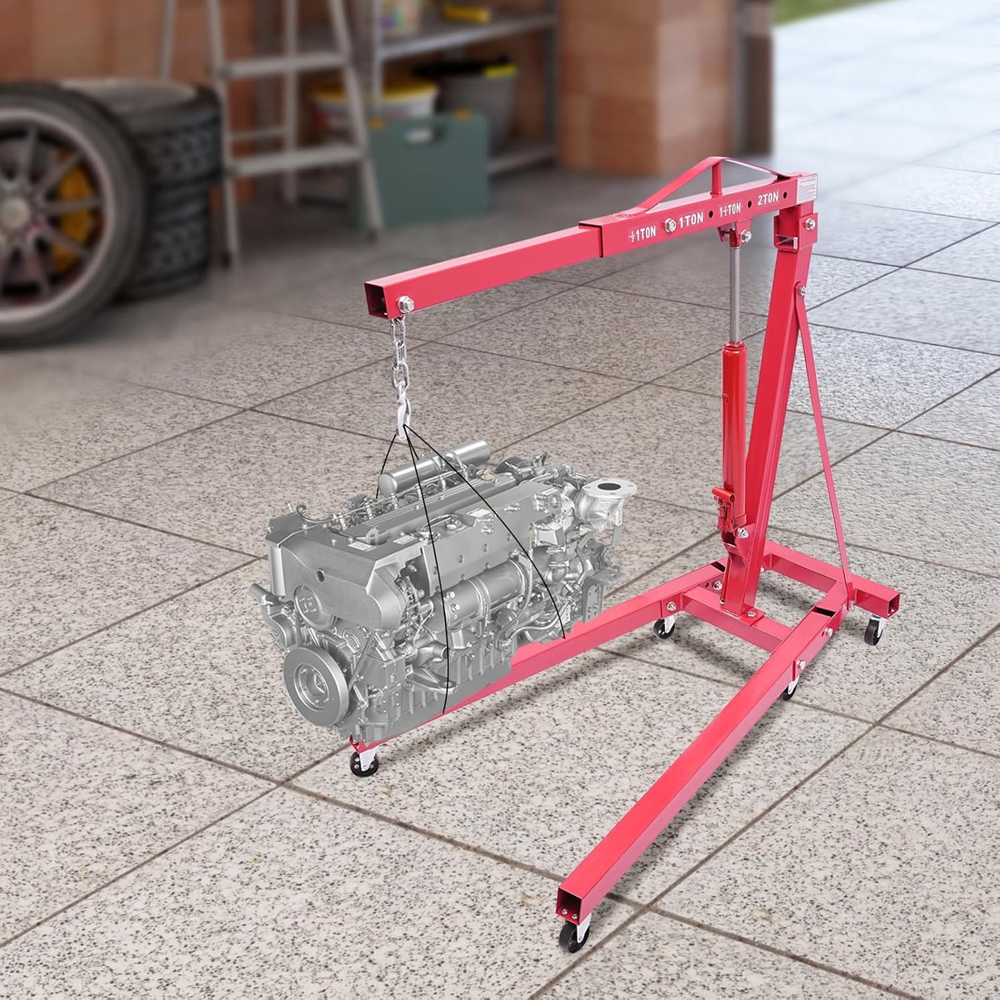 Folding Engine Crane 1 Ton Folding Engine Hoist 2200lbs Hydraulic Crane with 6 Iron Caster Wheels for Garage, Workshop (Red)