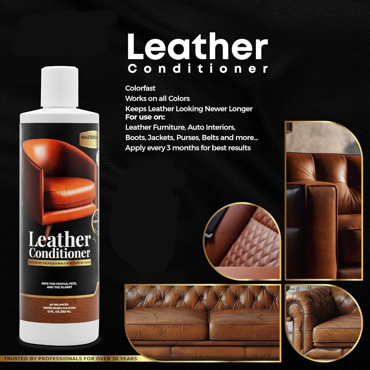 Water Based Solution Leather Conditioner - Car Interior, Furniture, Shoes, Boots, Couches, and Purses - Leather Restorer & Conditioner for Seats, Sofas, and More - 12 oz