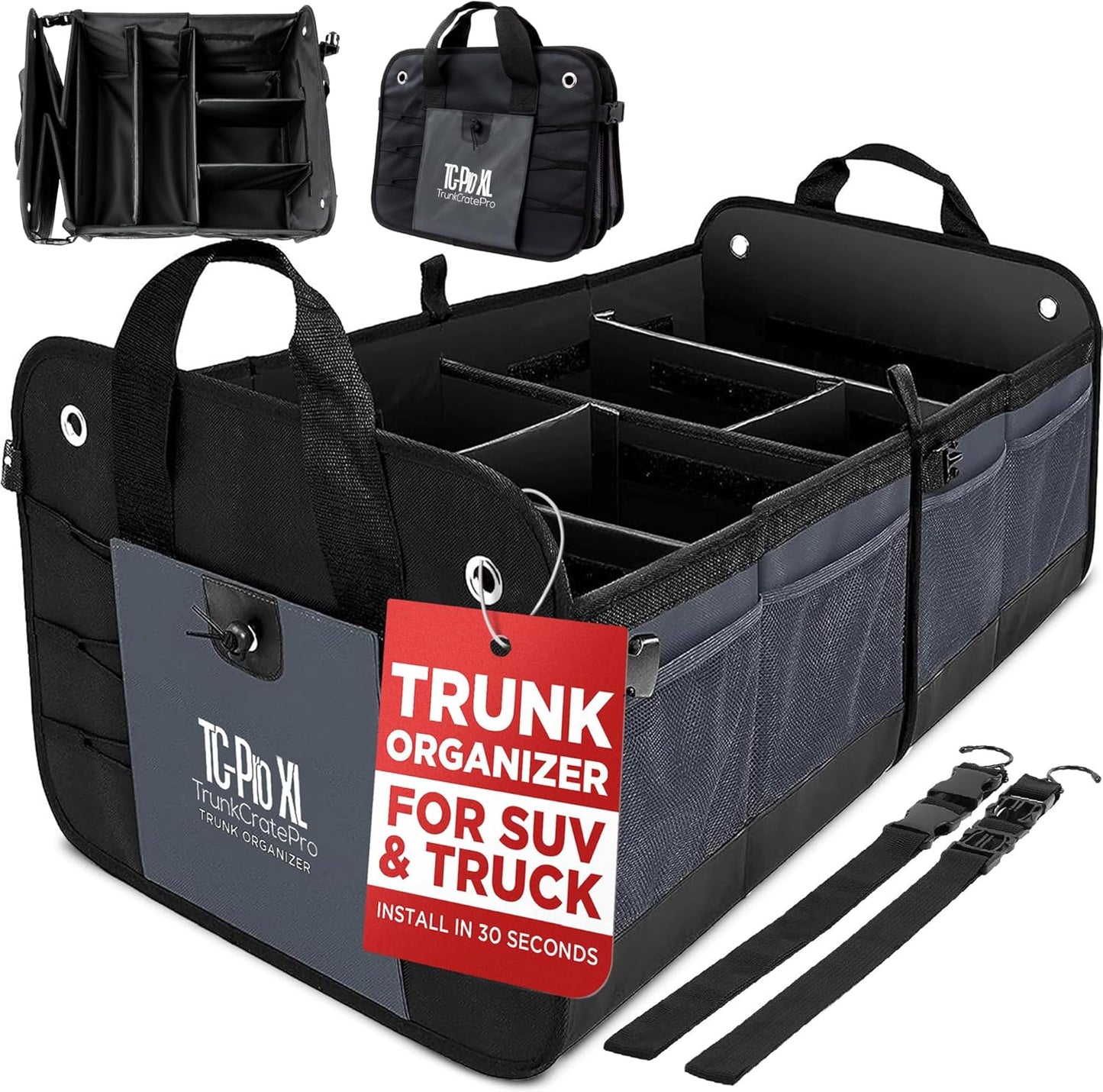 TRUNKCRATEPRO - XL Trunk Organizer For SUV, Car, Truck with 6 Compartments Adjustable Collapsible Portable Non-Skid Premium Cargo Storage Truck Organizer W Straps, Heavy Loads (Extra Large, Gray)