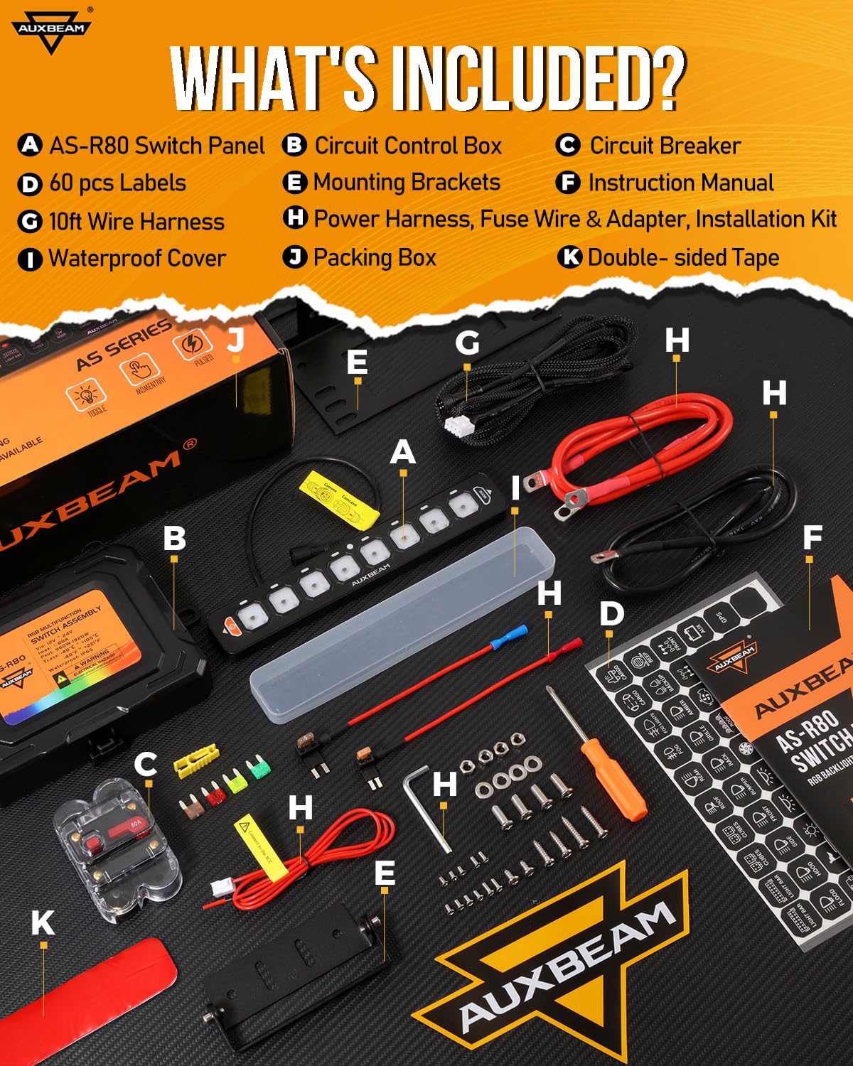 Auxbeam 8 Gang Slim Switch Panel RGB AS-R80 Toggle Momentary Pulsed Dimmable Backlight 80A Multifunction Switch Panel with Memory Function for 12-24V Truck Offroad Car Marine 2 Years Warranty