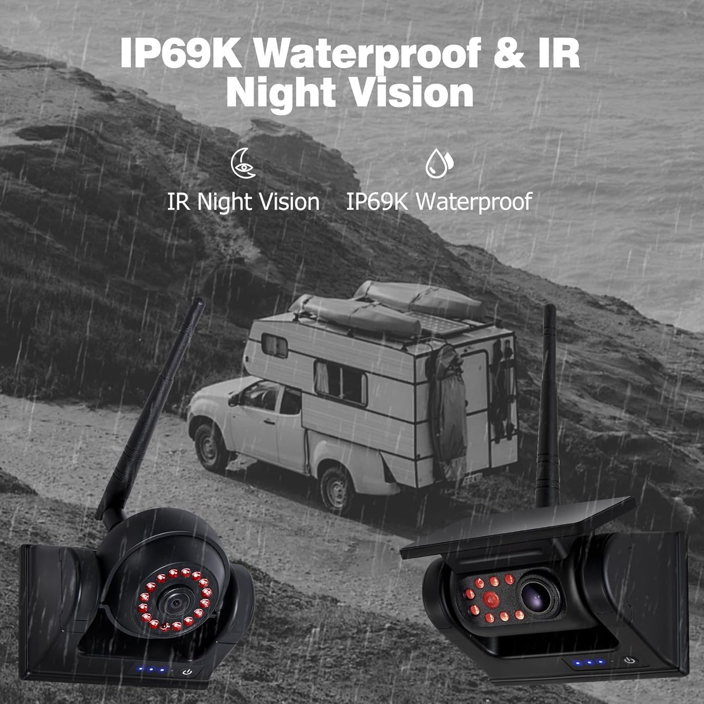1080P 7" Magnetic Wireless RV Backup Camera System, 2 Rear Cameras + 2 Side Cameras for Reversing/Monitoring Trailer Camper, 1080P DVR Monitor, 4x9600mAh Waterproof IR Night Vision RV Cameras