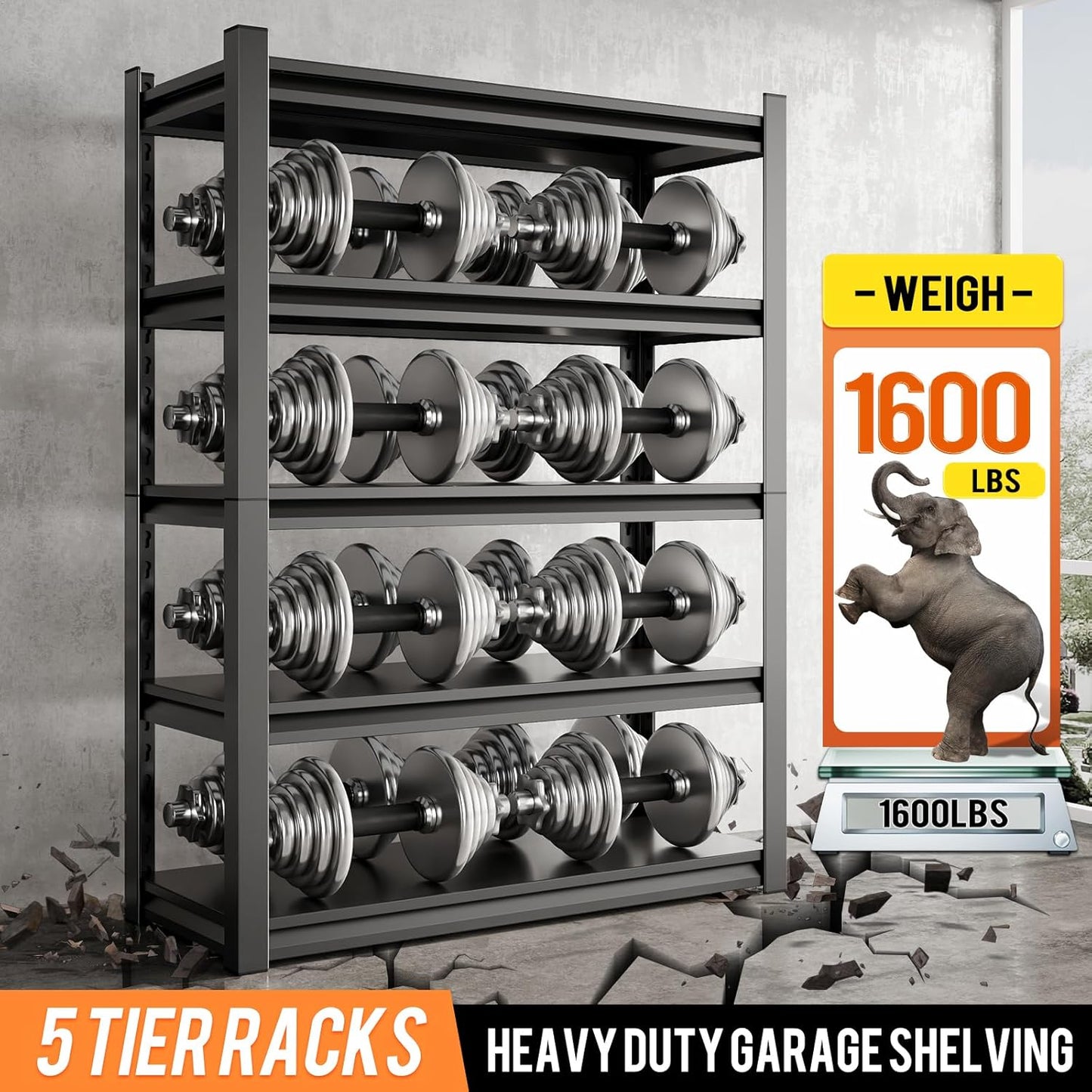 63" H Garage Shelving Unit, Garage Storage Shelves 1600LBS Heavy Duty Shelving, Adjustable 5 Tier Metal Shelving Utility Shelf, Storage Rack for Industrial, Warehouse, Basement (15.7" D*23.6" W*63" H)