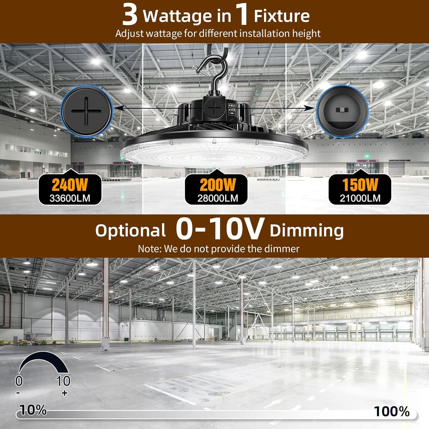 6 Pack 480V LED High Bay Light UL DLC Listed UFO Light 240W 200W 150W Adjustable, Dimmable High Bay LED Shop Lights 5000K Daylight, IP65 Commercial Bay Lighting for Warehouse Factory