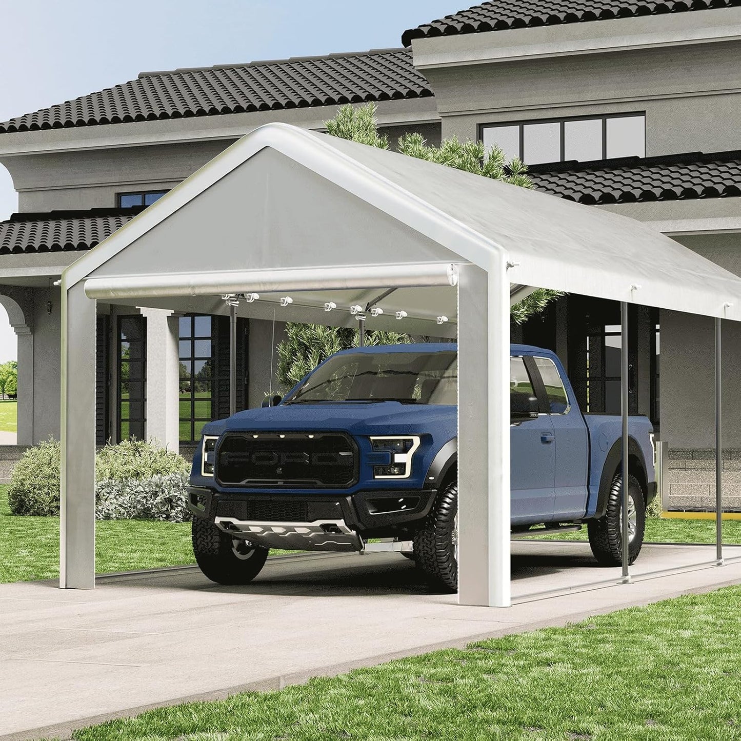 Carport 10x20 Ft, Heavy Duty Car Canopy with Reinforced Ground Bar, Portable Garage with Roll-up Windows and Removable Sidewalls, Galvanized Car Shelter, Large Outdoor Storage Shed (Grey)