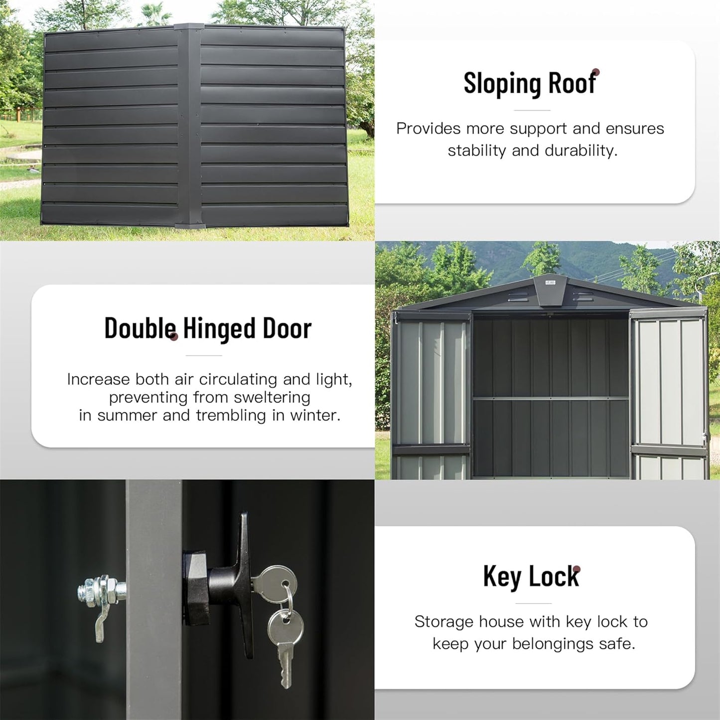 IKERY Galvanized Steel Garden Shed 5.7' x 3' with Floor, Ventilation Vents & Lock - All-Weather Outdoor Storage for Tools, Backyard - Dark Gray