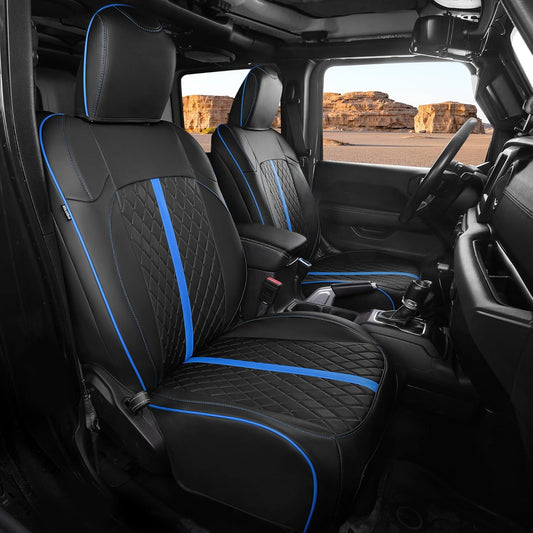 for Jeep Wrangler Seat Covers 4Door JK 2013 2014 2015 2016 2017, Custom Car Seat Cover Full Set, Luxury Leather Seat Protectors, Waterproof SUV Interior Cushions Accessories, Black Blue Trim