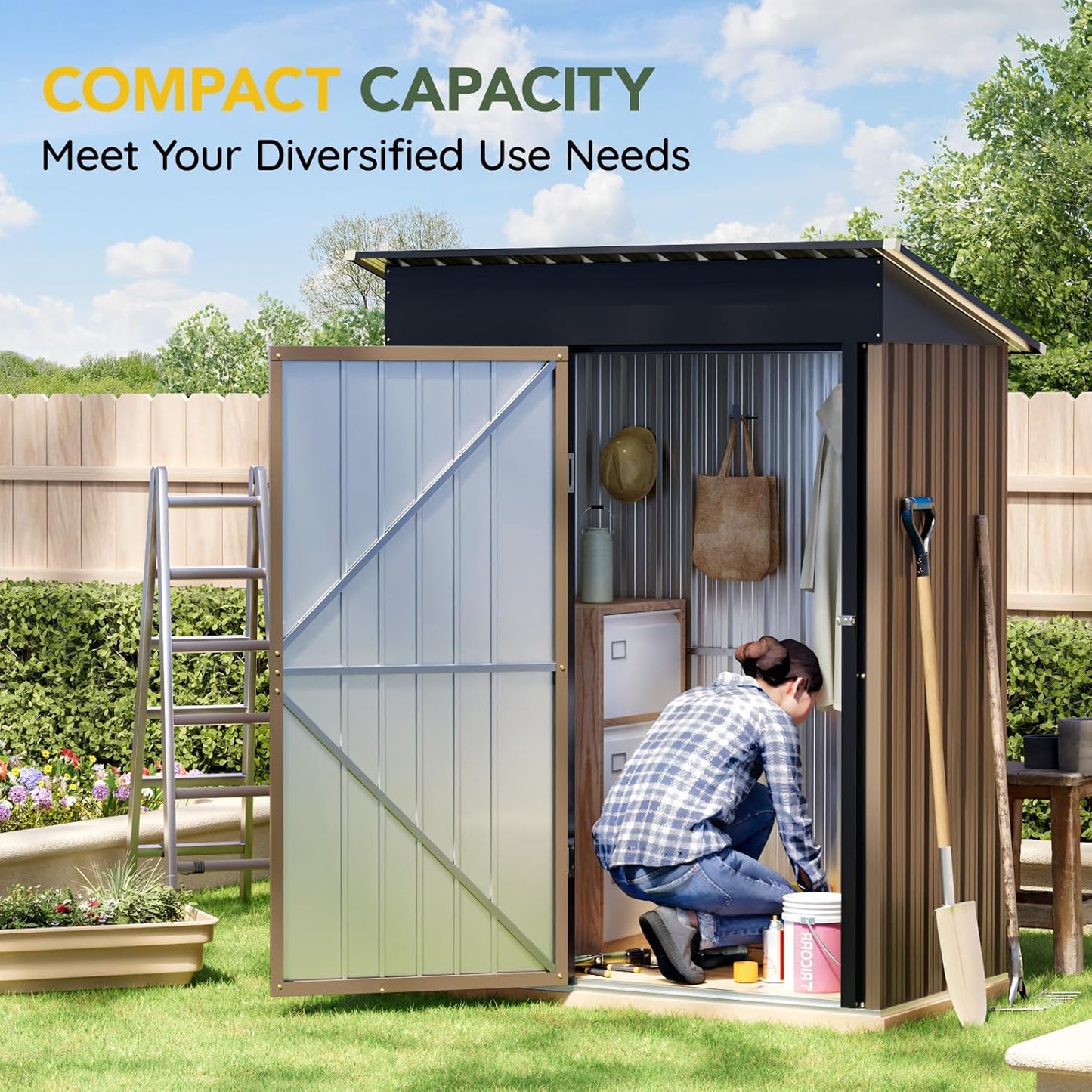 5x3FT Vertical Outdoor Steel Storage Shed, Lockable Doors, Compact Metal Tool Shed for Garden, Backyard, Patio, Utility, and Bike Storage,Brown