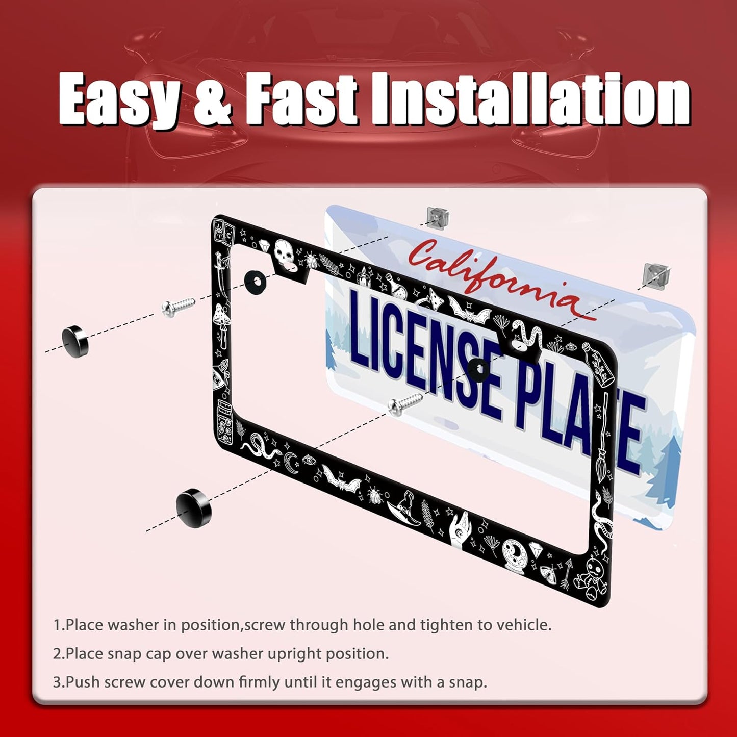 Witch License Plate Frame Gothic Magical License Plate Frames for Car Decorative Parts Stainless Stee License Plate for Standard Us Canada Funny License Plate Holder 12x6 Inch
