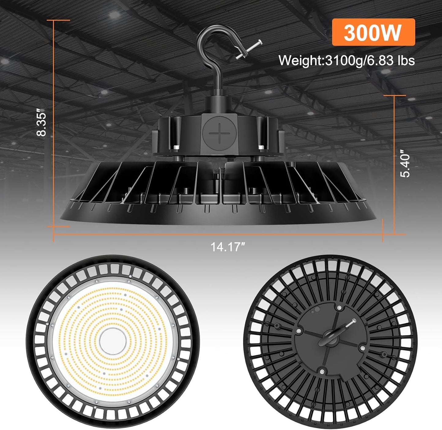 9Pack LED High Bay Lights, 300W UFO High Bay LED Shop Lights, 45000LM Adjustable CCT(5700K 5000K 4500K) & Power(300W 240W 200W), 0-10V Dimmable, 5' Cable Plug, IP65 Waterproof, ETL & DLC Listed