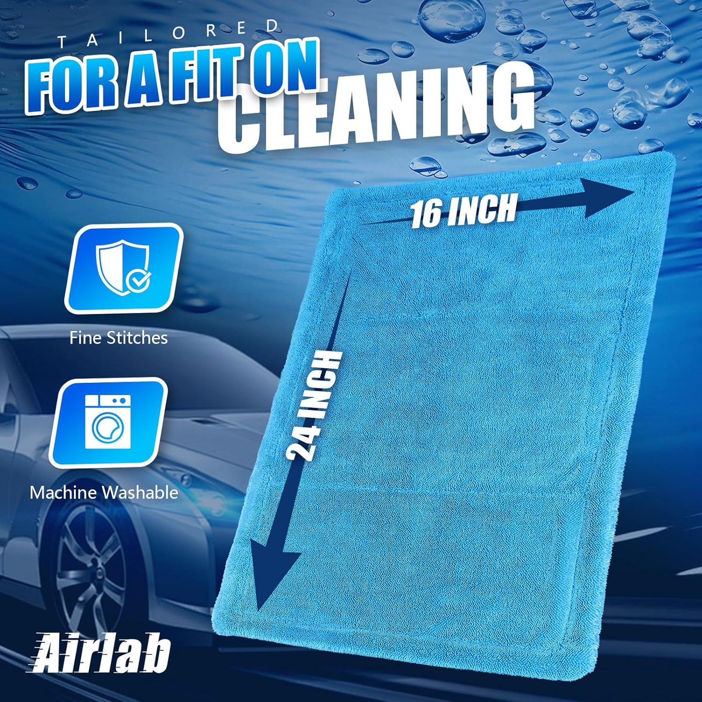 Airlab Microfiber Towels for Cars Wash Drying Towel Detailing Cloth, Ultra Absorbent, Streaks Free, Lint Free Cars, Trucks, SUVs, RVs, Motorcycles, Bath Wipes, 24 x 16 Inch, 1200 GSM, Pack of 1, Blue