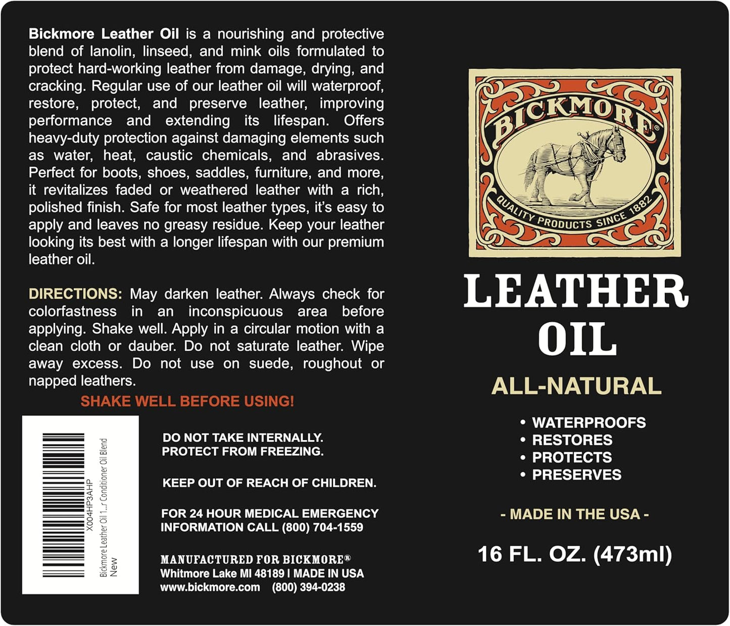 Leather Oil Leather Conditioner 16oz | Waterproofs, Protects, and Restores Boots, Jackets, Auto, Furniture, and All Leather Goods | Made in The USA