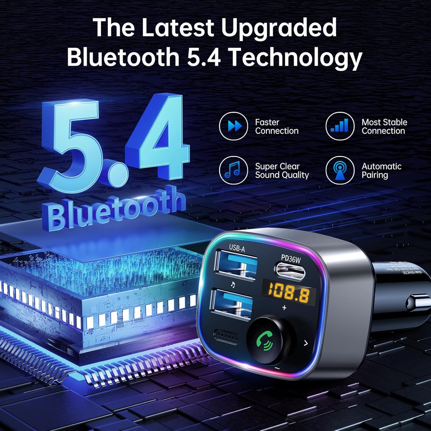 Syncwire Bluetooth 5.3 FM Transmitter Car Adapter 48W (PD 36W & 12W) [Light Switch] [Hi-Fi Deep Bass] [Fast Charge] Wireless Radio Music Adapter LED Display Hands-Free Calling Support USB Drive