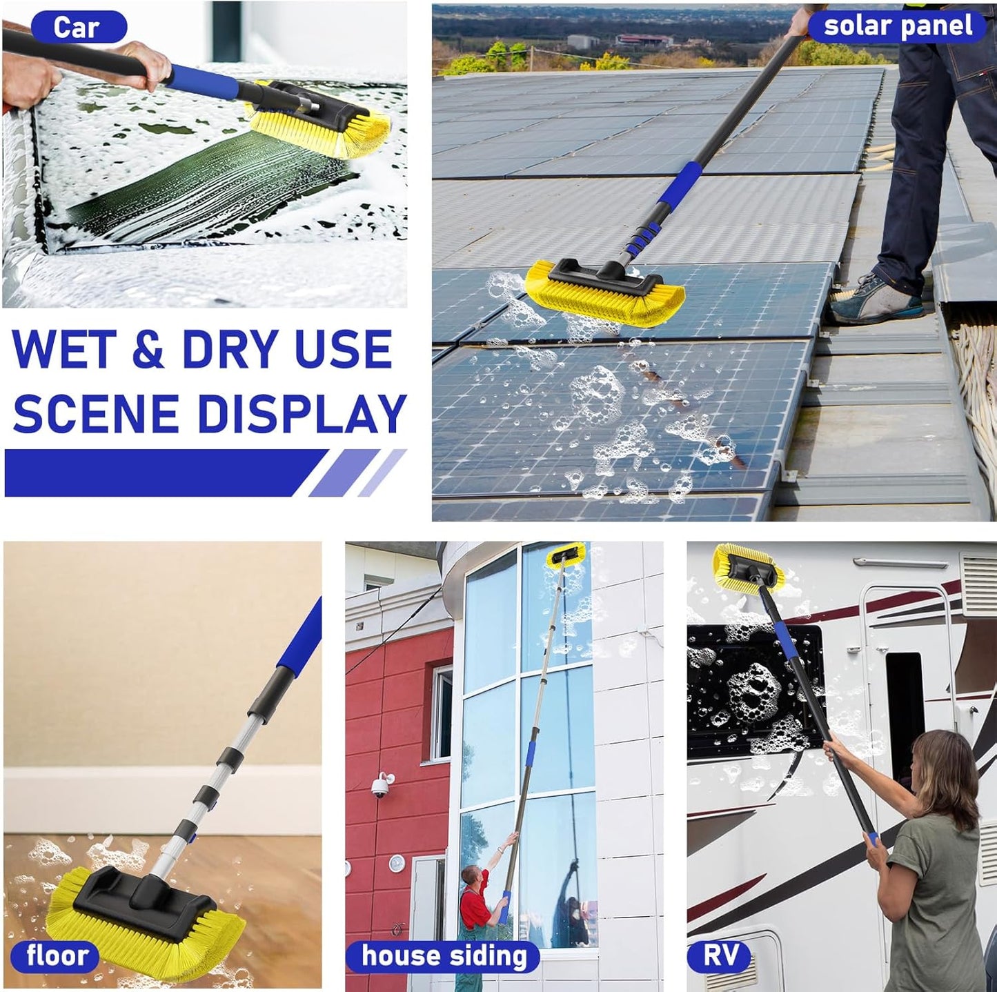 12FT Car Wash Brush with Long Handle, Car Cleaning Brush with Soft Bristle, Aluminium Telescoping Pole for Solar Panel, House Siding, Cars, Trucks, SUV, RV, Floors, Blue