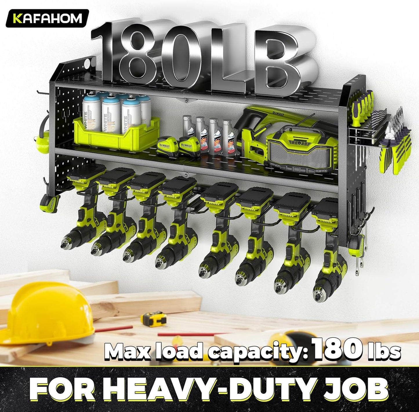 KAFAHOM Power Tool Organizer，Large 8 Drill Holder Wall Mount with 2 Side Pegboards,Metal Tool Shelf with 12 Hooks，Storage Rack for Garage Organization，Utility Cordless Drill Holder - Black