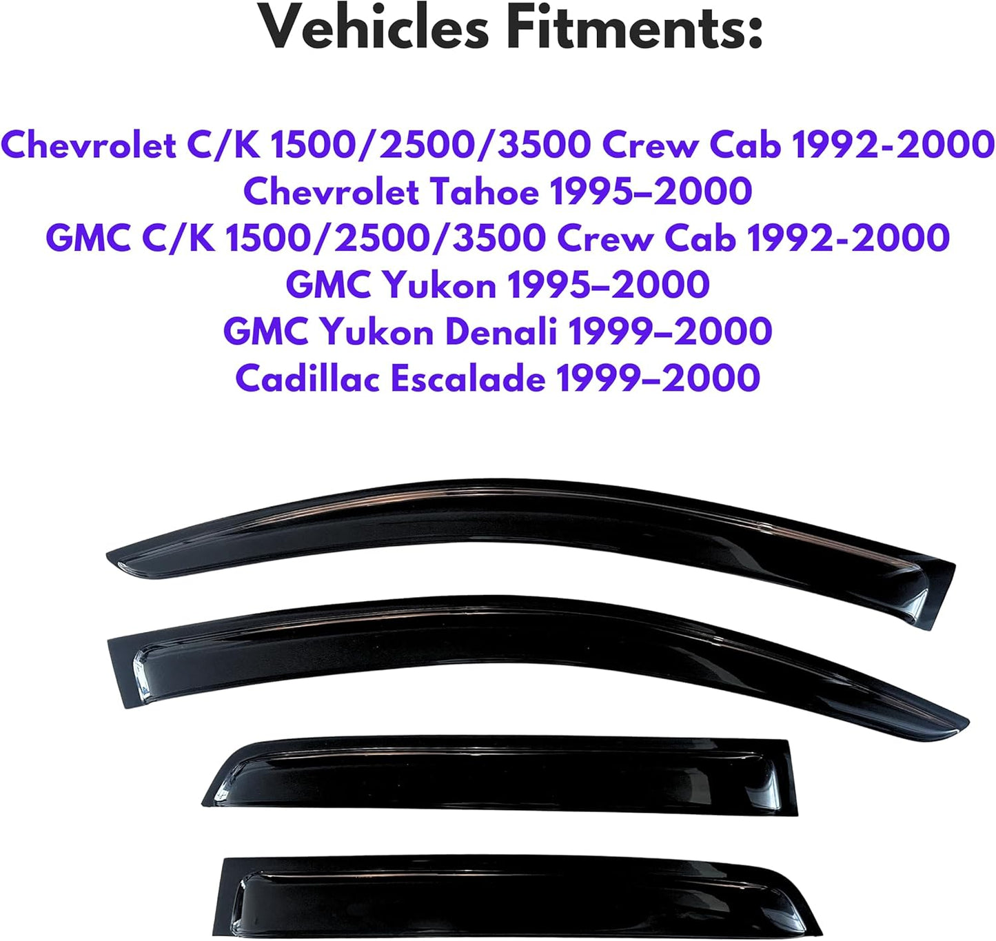 KPY Window Visor Compatible with 1995-2000 Chevy Tahoe/GMC Yukon, Rain Guard Window Vent Deflectors Tape-On for 92-00 C/K1500/2500/3500 Suburban, 99-00 Cadillac Escalade/Yukon Denali Crew Cab