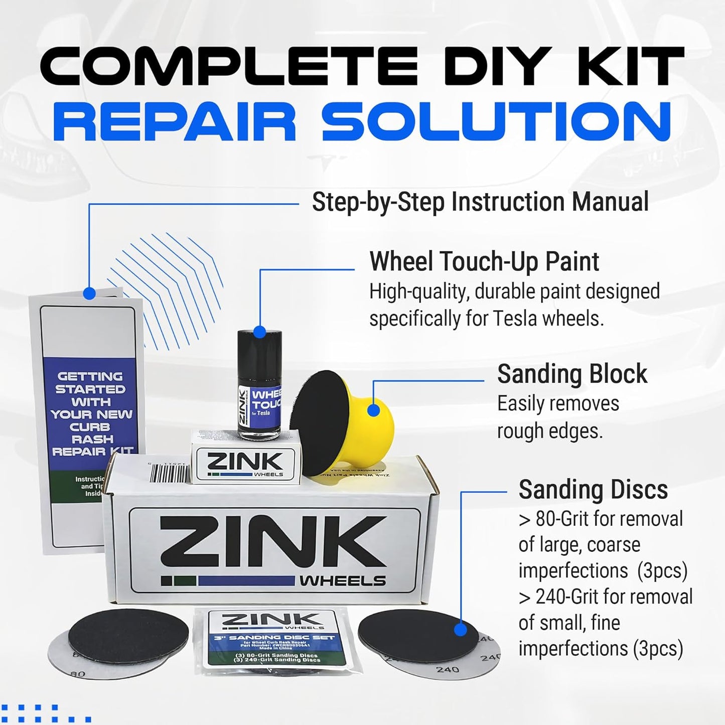 Premium Tesla Wheel Curb Rash Repair Kit for Model S 21-inch Grey Arachnid Rims - DIY Kit with Color-matched Touch Up Paint - Made in USA