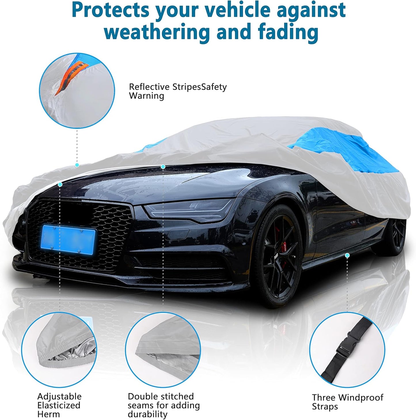 MORNYRAY Waterproof Car Cover All Weather Snowproof UV Protection Windproof Outdoor Full car Cover, Universal Fit for Sedan (Silvery, A0-Fit Sedan Length(Up to 153 inch)