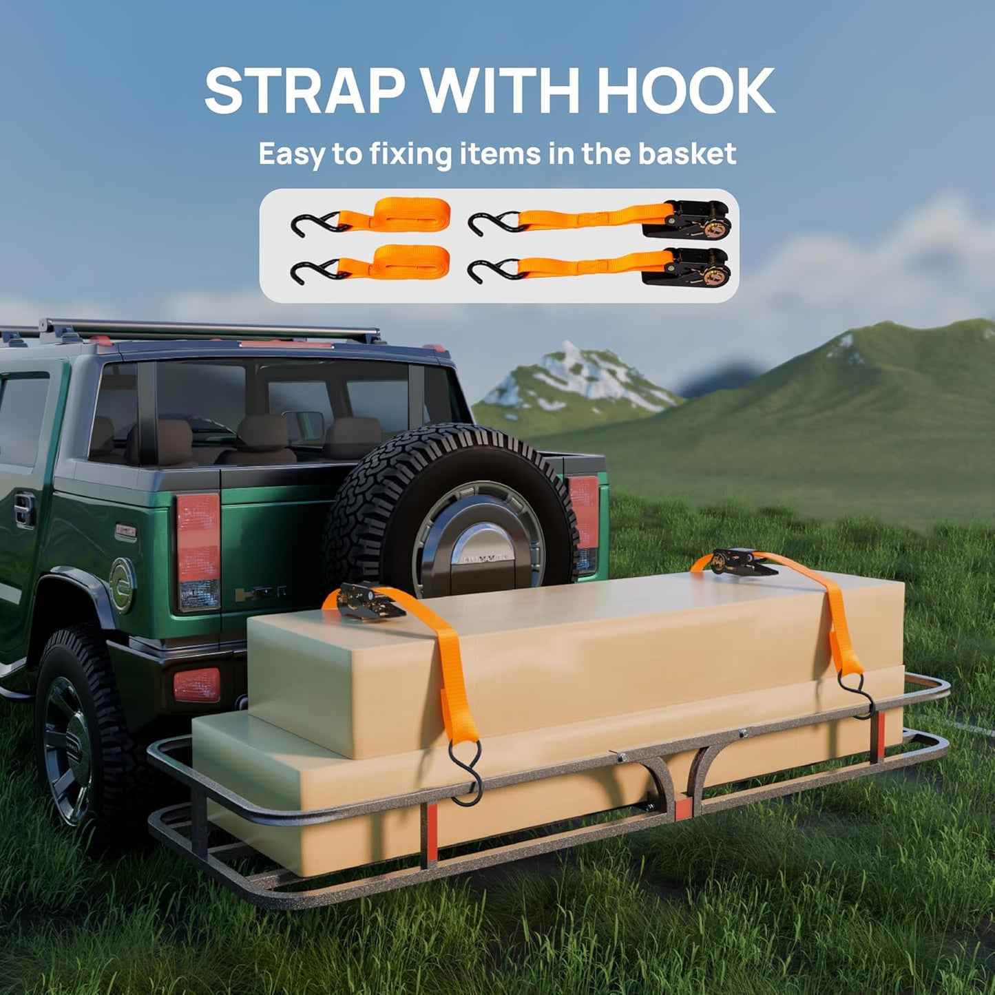 Bonnlo 54''X 19''X5.5'' Hitch Mount Cargo Carrier Basket with Stablizer and Straps, 500 LBS Capacity Rear Luggage Rack Basket Fits Sedan, SUV, TAN