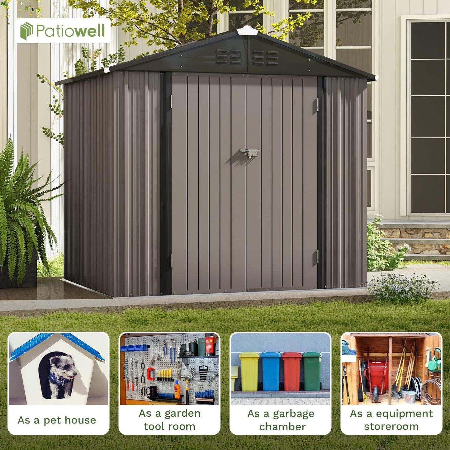 Patiowell 8x6 FT Outdoor Storage Shed, Metal Tool shed & Outdoor Storage with Lockable Doors & Air Vents, for Backyard Garden Patio, Brown