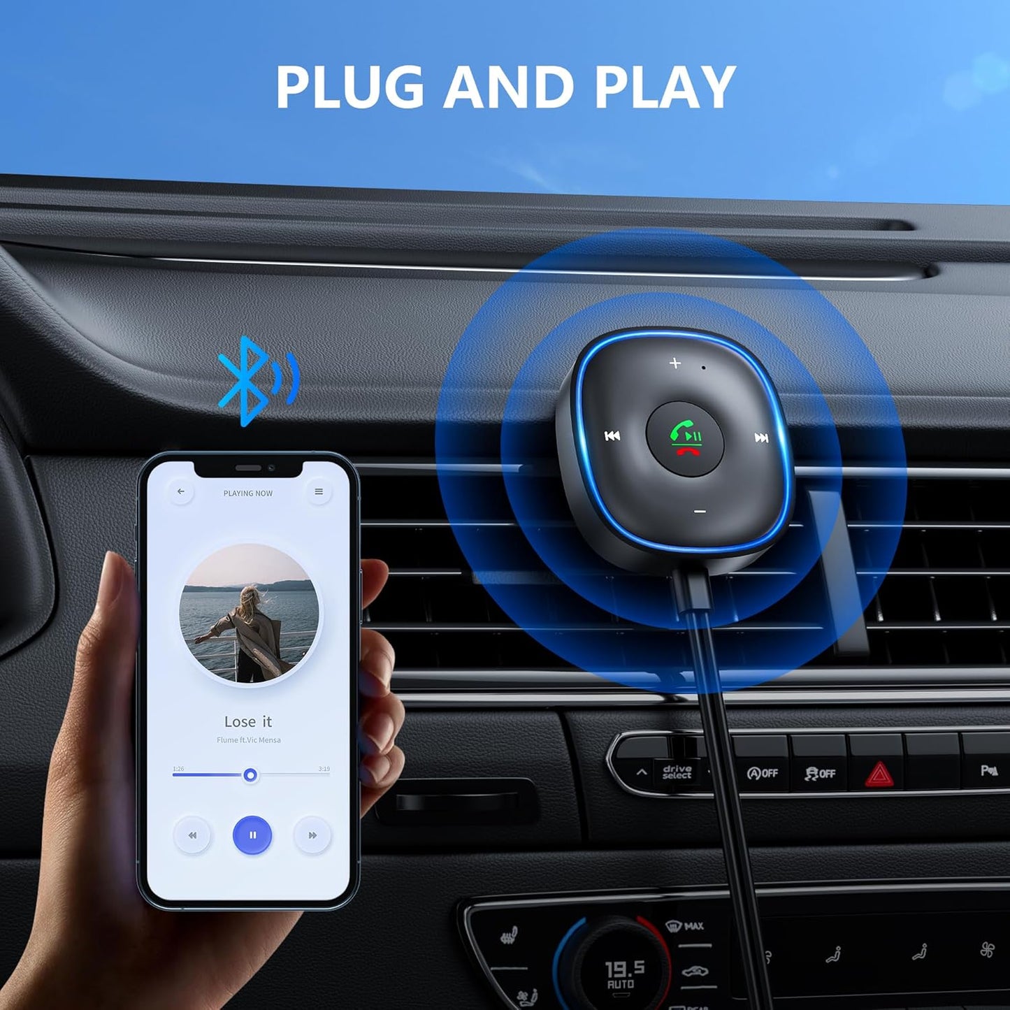 Bluetooth 5.3 Aux Car Adapter, SONRU Bluetooth Receiver for Car [Dual Connection & Mic Noise Cancellation], Aux Adapter with Plug-and-Play for Music/Hands-Free Calls/Stereo Audio