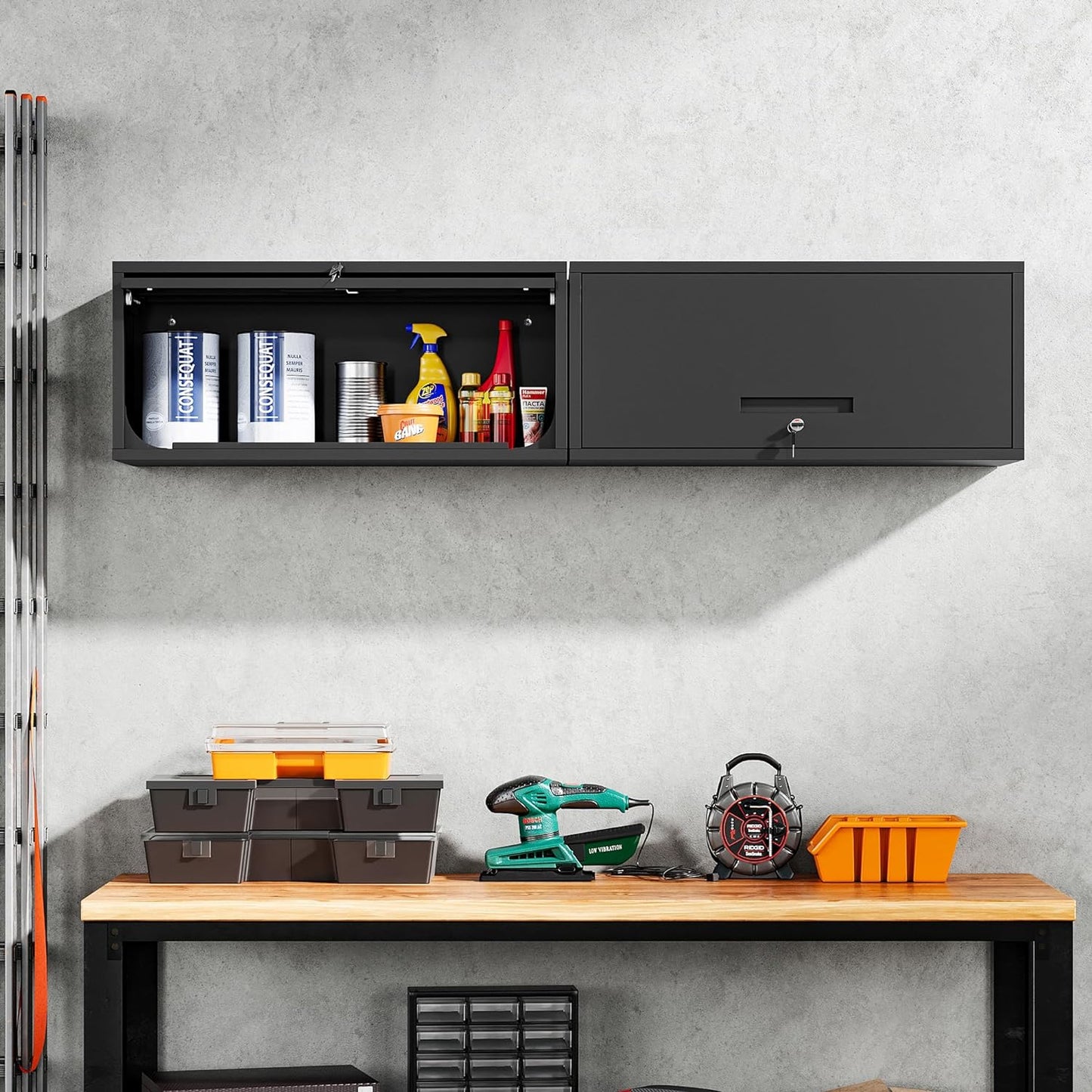 Yizosh Metal Garage Cabinet with Doors, Wall Mounted Storage Cabinet, Floating Tool Cabinet for Basement, Kitchen, Warehouse (Black, 13.7" H)