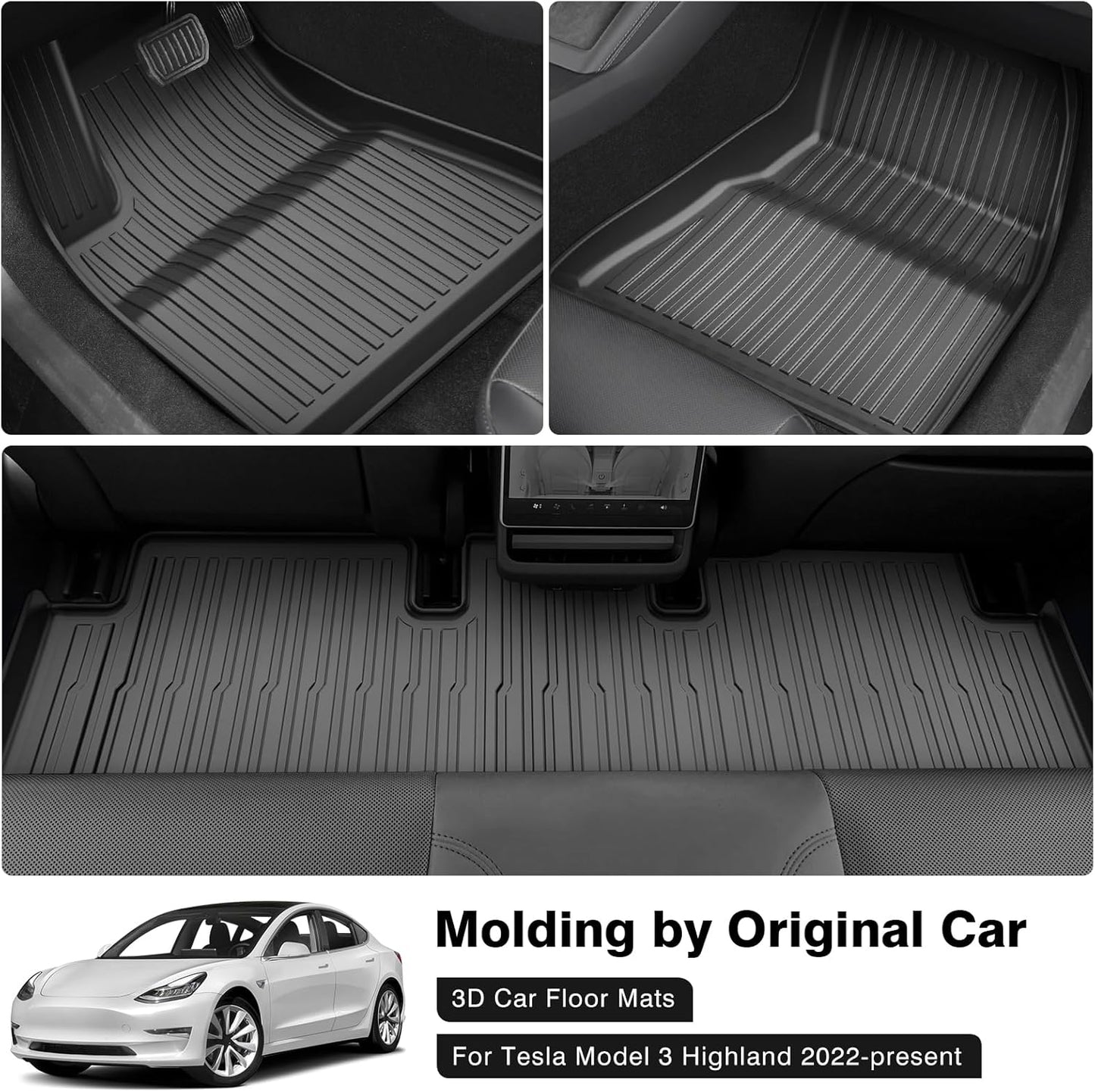 Powerty Floor Mats for 2024 2025 Tesla Model 3 Highland Accessories 1st & 2nd Row Liner Set All Weather TPE 3D Car Mats All-Weather Floor Liners