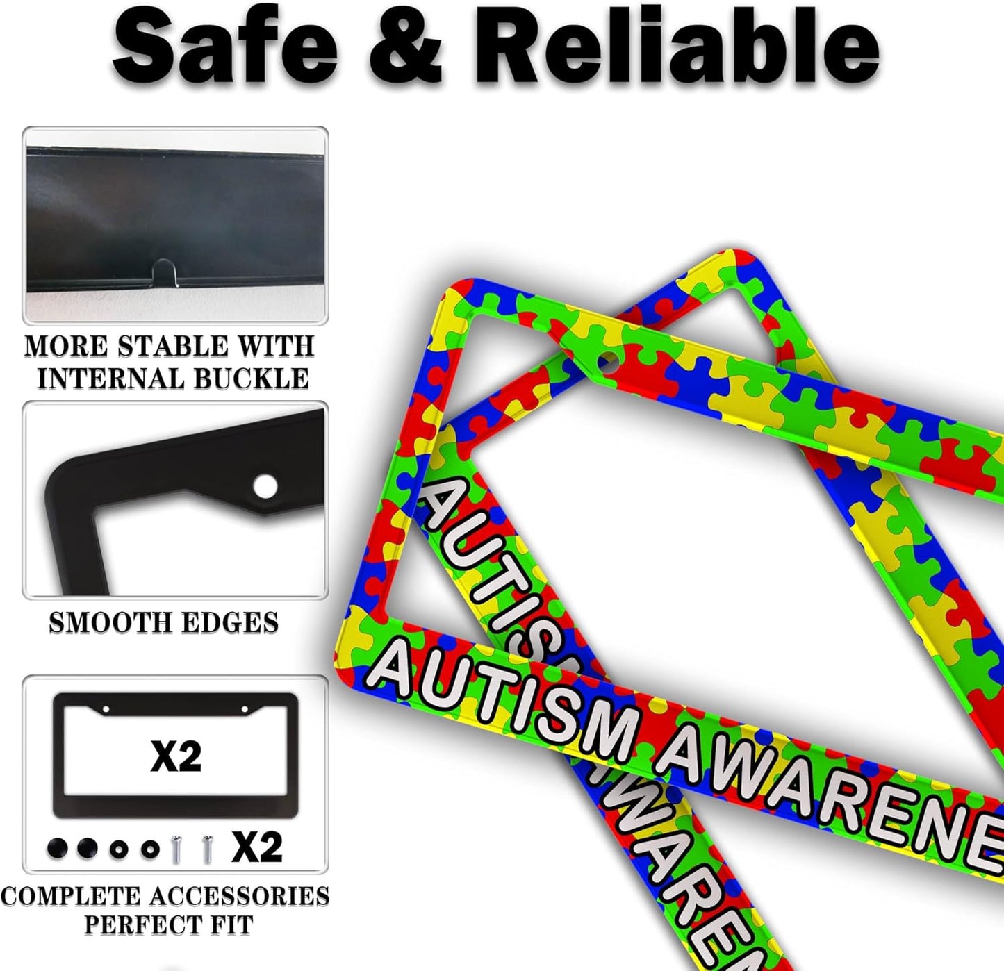 Custom License Plate Frame Multicolor License Plate Frames Autism Awareness Puzzle Universal Aluminum Car Accessory 2 Pack with Screw Covers Set