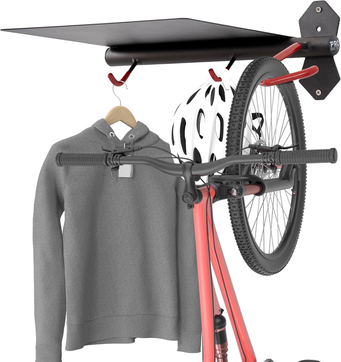PRO BIKE TOOL Bike Storage Rack - Indoor Bike Rack for Bicycle and Accessories - Compact Steel Bike Holder - Easy Installation - Black and Red - Durable Metal Construction for Home or Garage