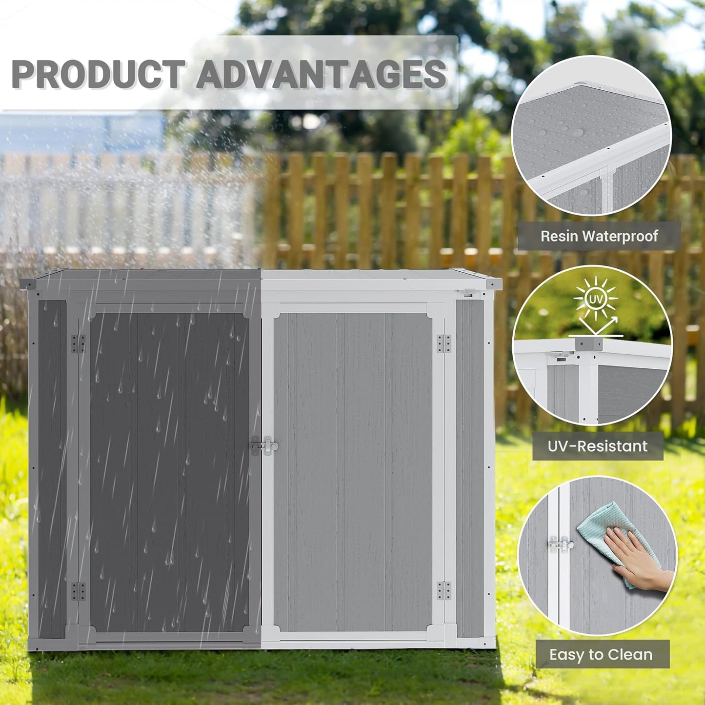 Horizontal Storage Shed 41 Cu.Ft, Lockable Outdoor Resin Cabinet for Garbage Cans, Lawn Mower & Garden Tools, Weather-Resistant Design for Patio or Backyard (Cold Gray)