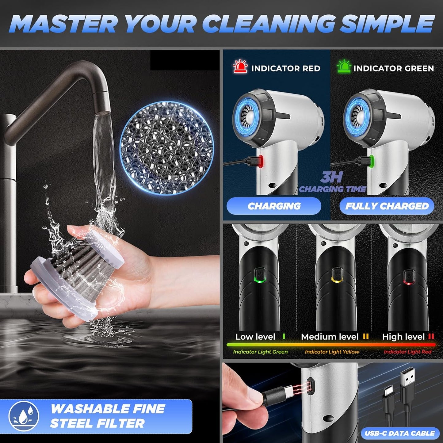 Saker Handheld Car Vacuum Portable Cordless17000PA Mini Vacuums Rechargeable Foldable Vacuum Cleaner with Brushless Motor for Gifts Home,Office Pet HL132 Black