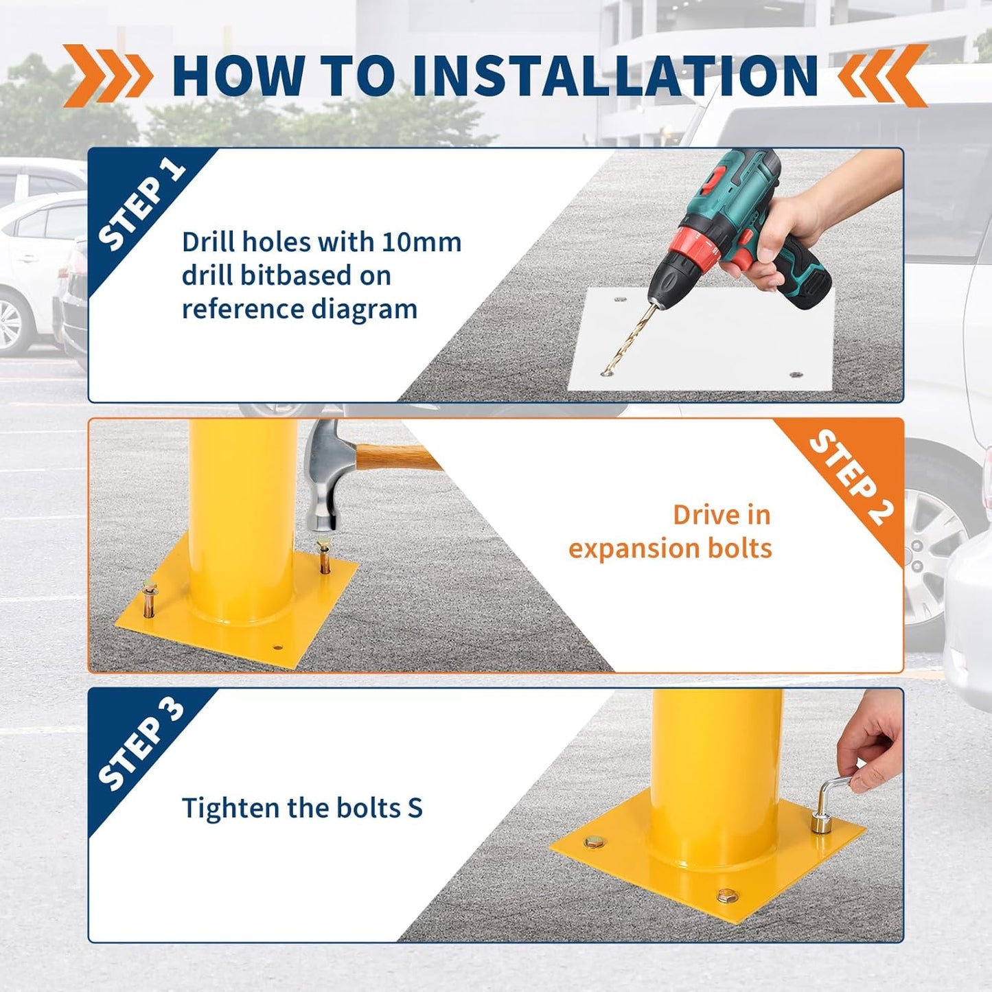 4.5x48 Inch Safety Bollard Post - Yellow Steel Bollard with Anchor Bolts (4-Pack) for Parking Lots, Walkways & Traffic Areas
