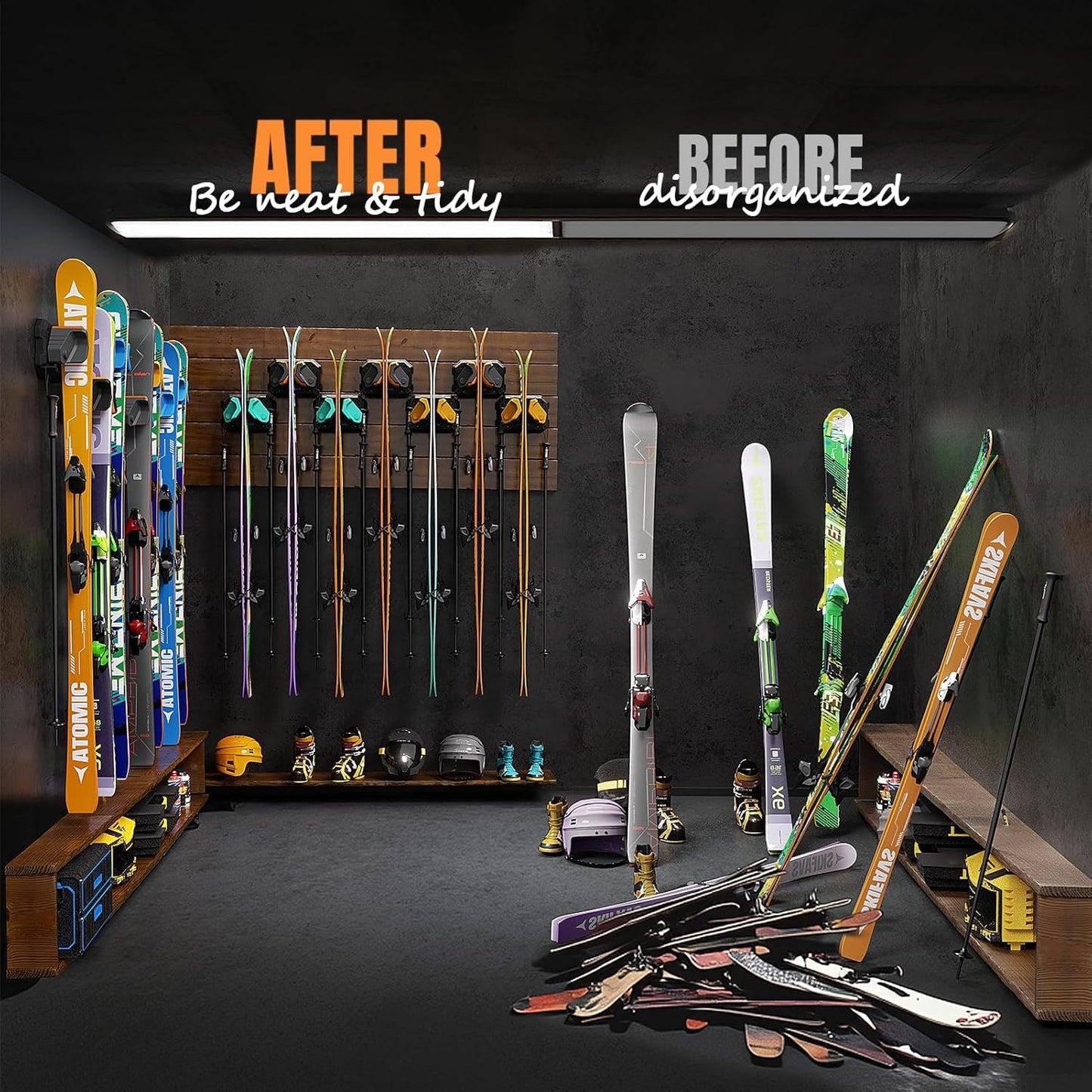 Ski & Snowboard Wall Rack for Garage Wall Fits Any Ski/board, Ski Wall Mount Holders Damage-Free Storage Rack, Garage Organization Space-Saving Winter Gear Organizer