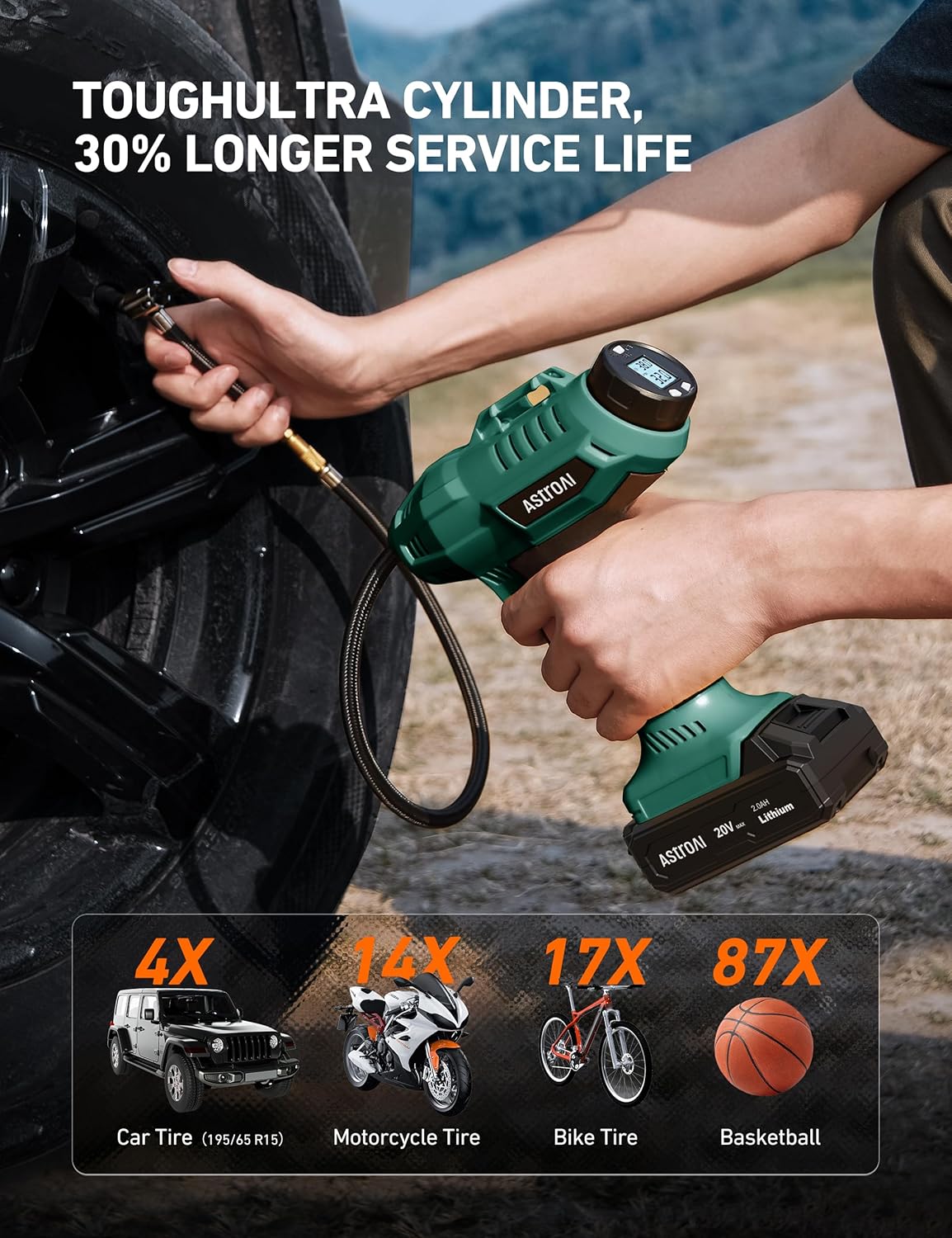 AstroAI C2 Cordless Tire Inflator Air Compressor 20V Rechargeable Battery Powered 160PSI Portable Air Pump with 12V Car Power Adapter Digital Pressure Gauge for Cars Motorcycles JY16P160-18 Green