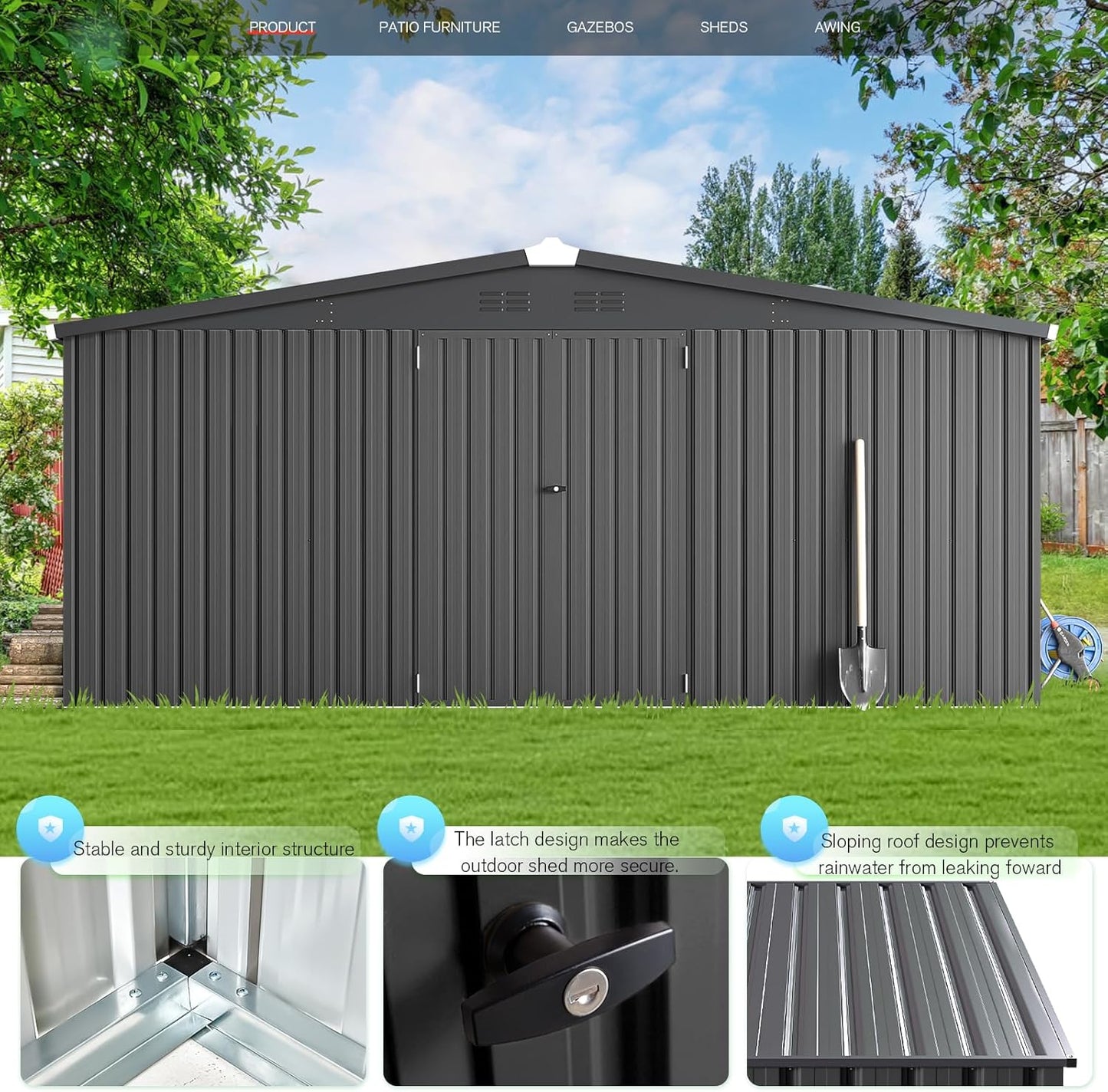 AECOJOY Shed 14' x 12' Storage Shed, Outdoor Metal Storage Sheds & Outdoor Storage 12x14 with Lockable Doors, Large Steel Yard Shed, Utility Tool Storage for Garden, Patio, Outside use in Dark Grey