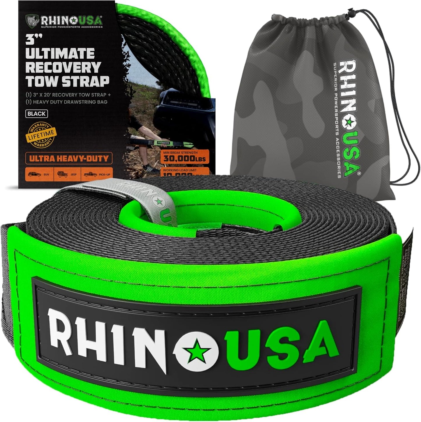 Rhino USA Recovery Tow Strap (3" x 20') - 31,518lb Break Strength - Emergency Recovery Strap Tow Rope for Truck, UTV, ATV & More - Heavy Duty Towing Strap for Offroad 4x4 Use - Compatible with Jeep