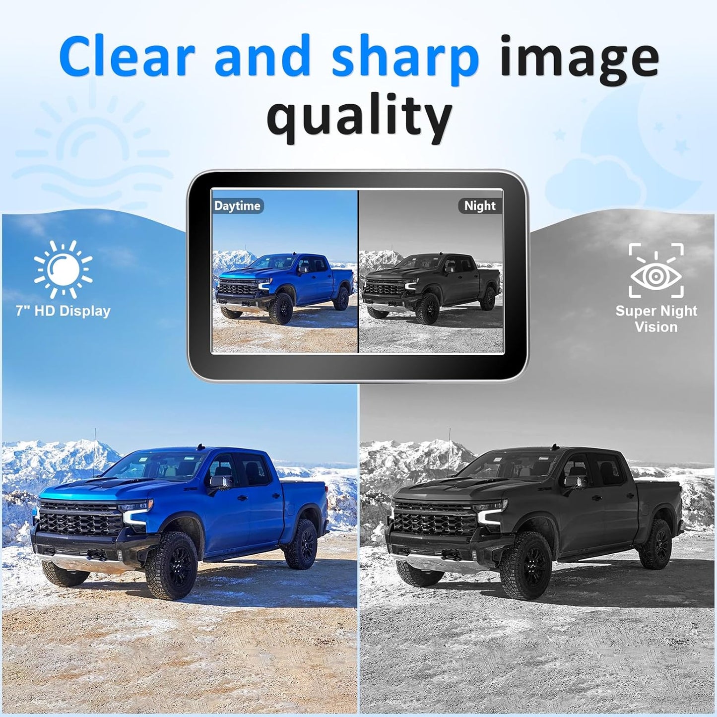 Wireless Backup Camera for Trucks - 7 Inch Monitor, HD 1080P, Color Night Vision, 2 Channels, IP69 Waterproof Backup Camera for Pickups, Cars - Easy Install for Towing & Parking