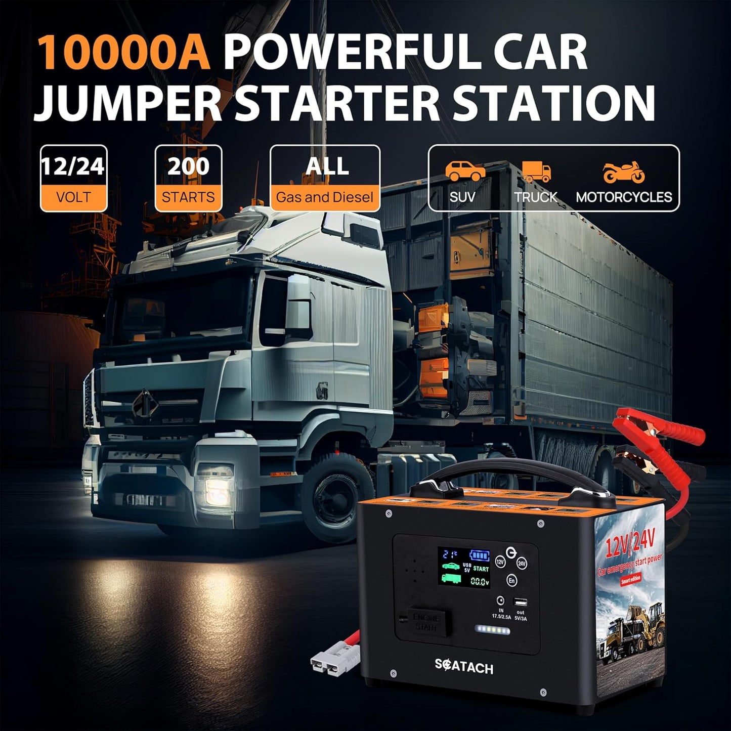 10000A Jump Starter, 24V 155WH Car Battery Jumper Starter for All Gas & All Diesel Engines, Heavy Duty Jump Starters, Truck Jump Starter Portable Power Station for Camping, Portable Power Bank (V10-1)
