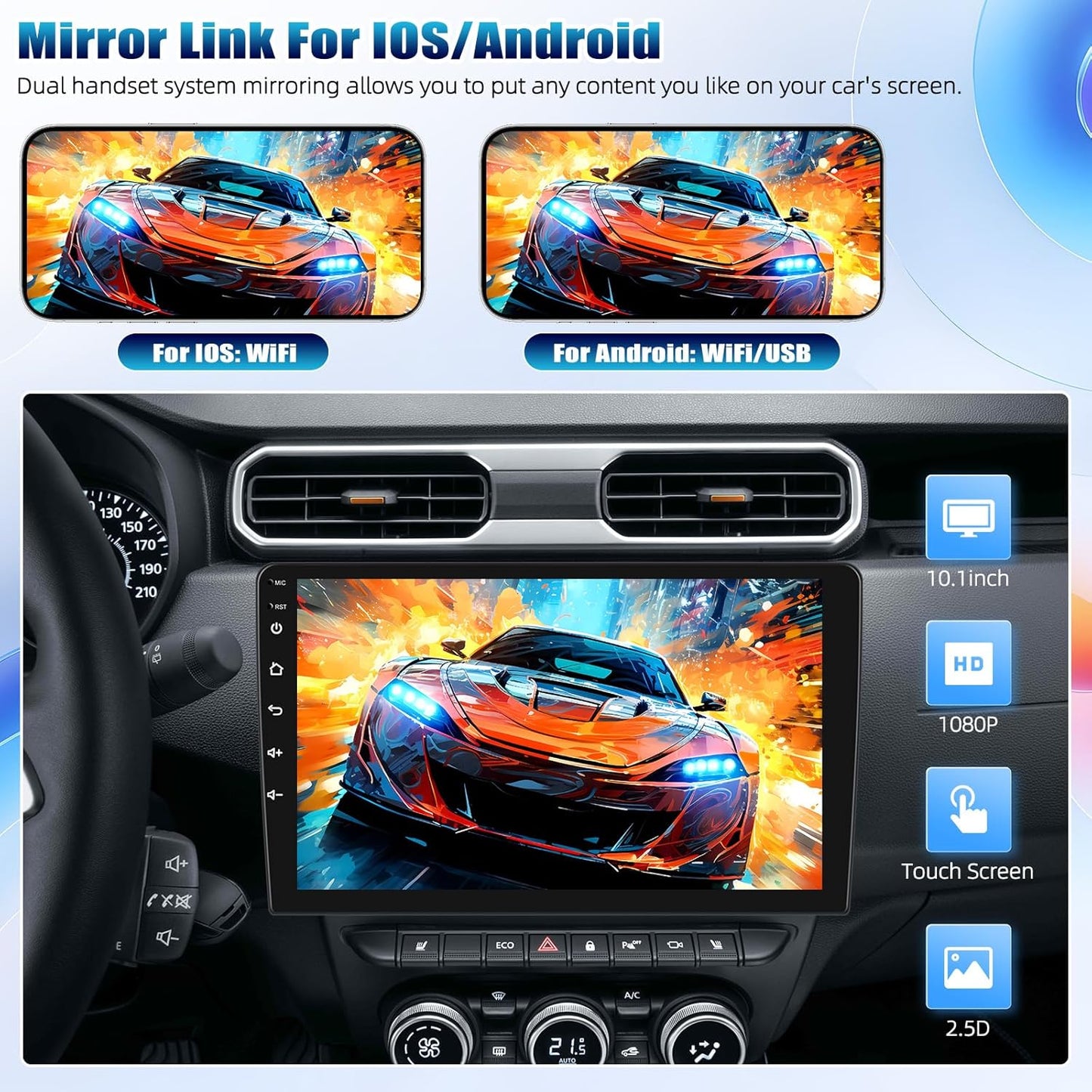 10.1Inch 2.5D HD Double Din Car Stereo Radio Receiver, Android Touch Screen MP5 Multimedia, Support GPS Navigation Bluetooth FM Radio+4 Led Lights Rear View Camera&Dual Mirror Link