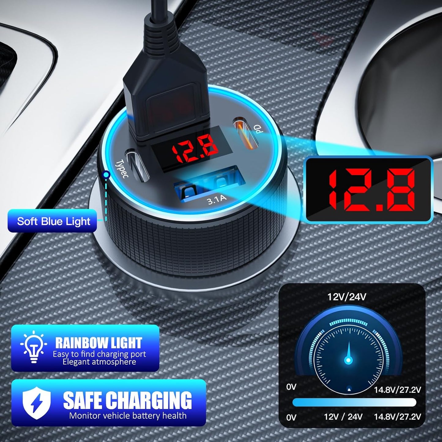 Car Charger USB C, 78W 4 Port Fast Charging Car Phone Charger Adapter, Dual USB-C & USB-A Cigarette Lighter Adapter with Voltmeter Type C Vehicle Accessories for iPhone 16 15, iPad, Samsung, Android