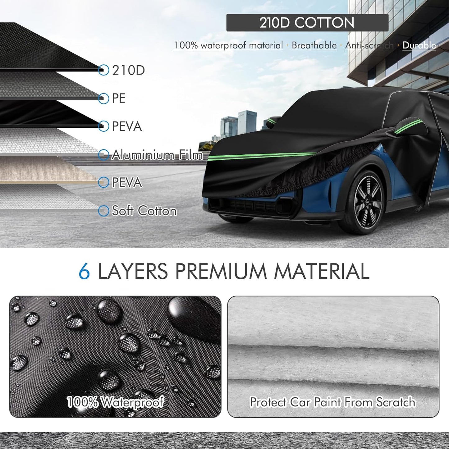 Mini Cooper/Cooper S Car Cover 2002-2023 - 210D Outdoor Waterproof UV Protection With Cotton Layer, Zipper Door, Reflective Strip, Storage Bag for 2-Door