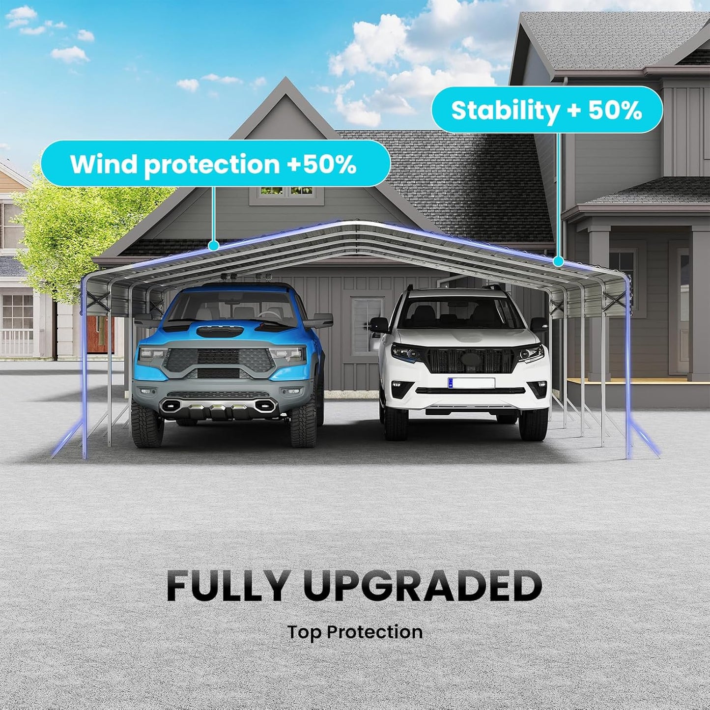 20x20' Heavy Duty Metal Carport – Sturdy Structure, All-Weather Protection, Easy Assembly for Cars, Trucks, Boats, Tractors, and Outdoor Storage (White, 20x20FT)